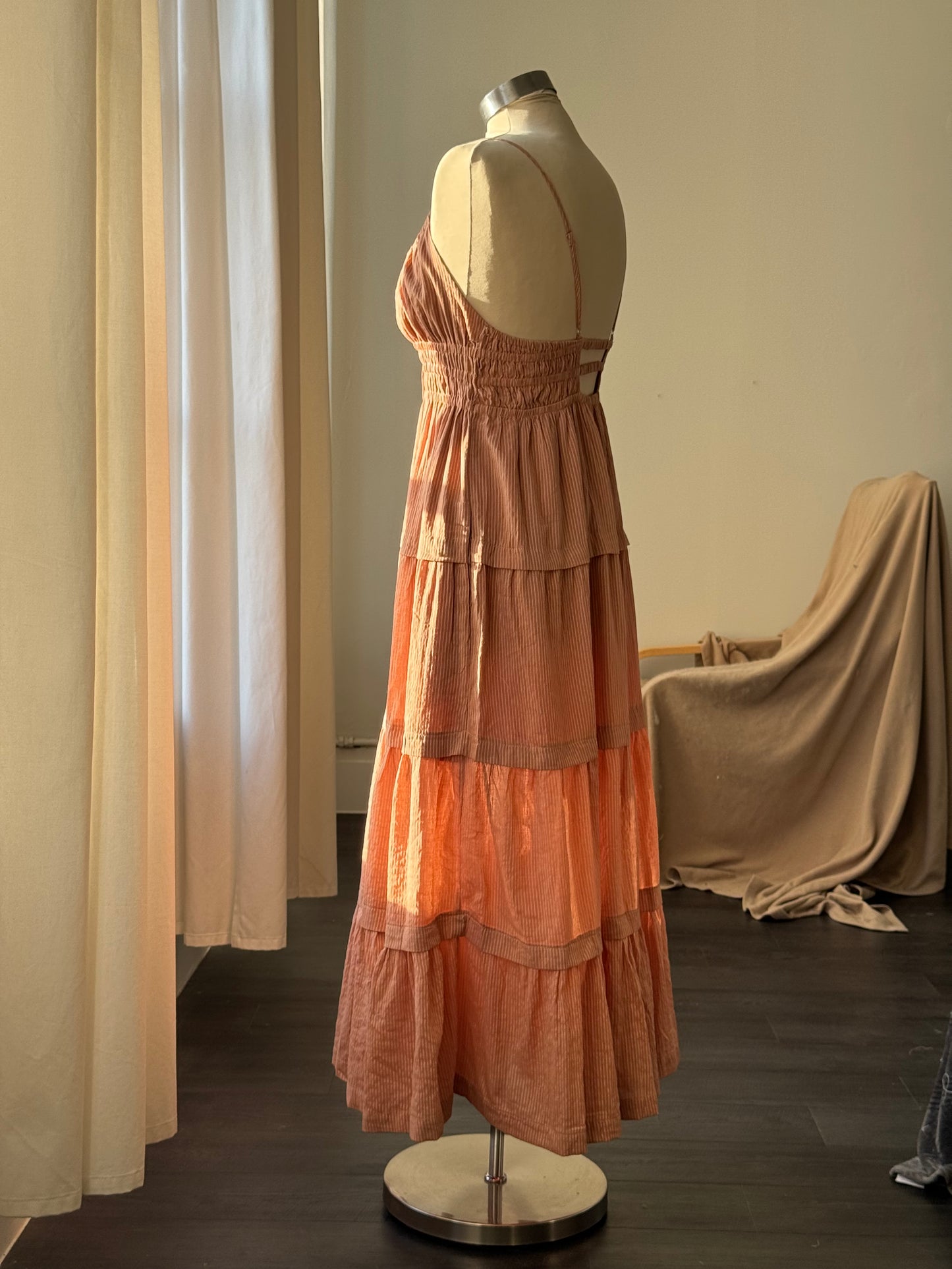 Marcelus Cotton Open Back Tiered Maxi Dress In Mocha