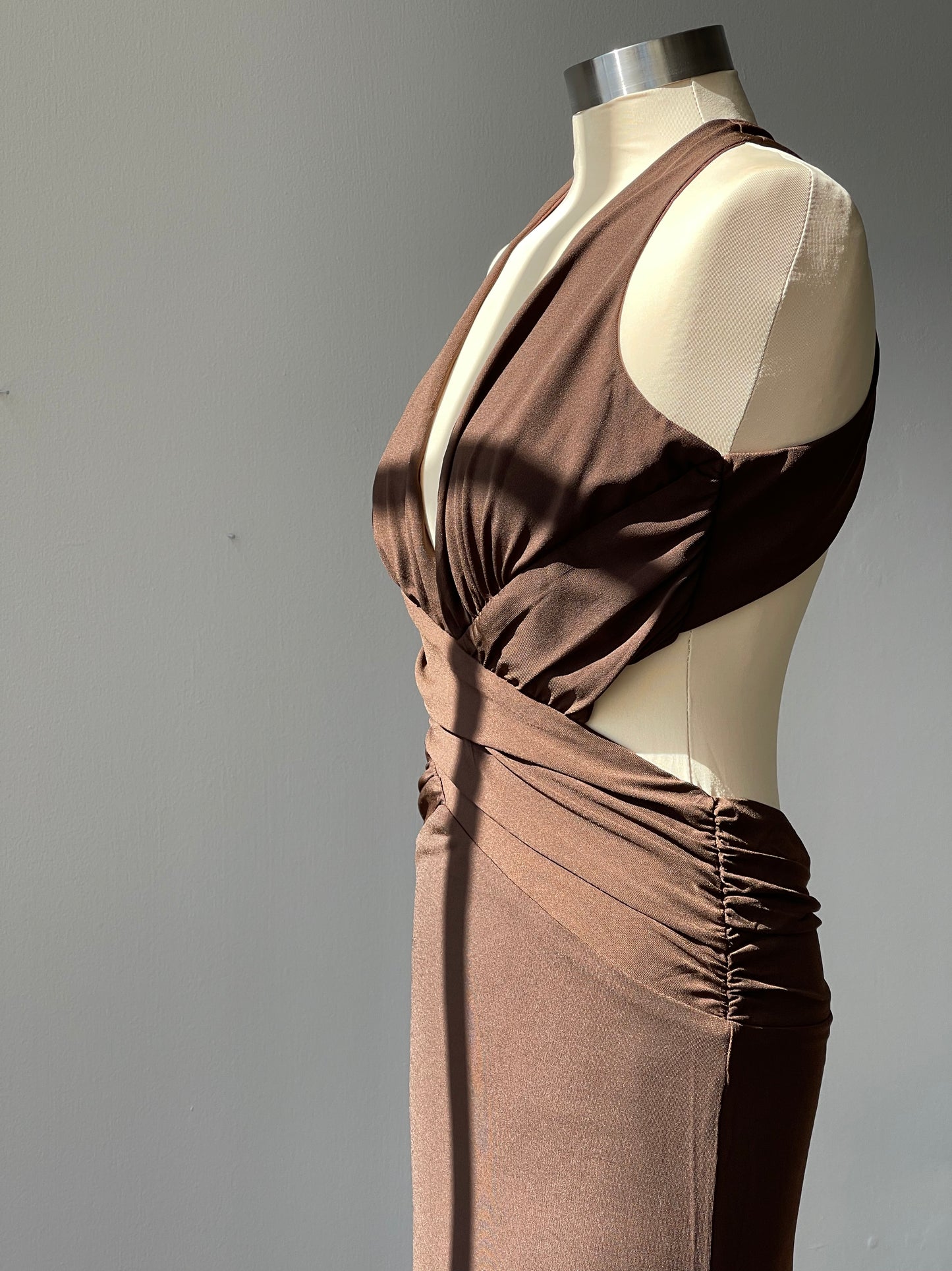Dana Deep V Neck Open Back Halter Maxi Dress In Chocolate Brown