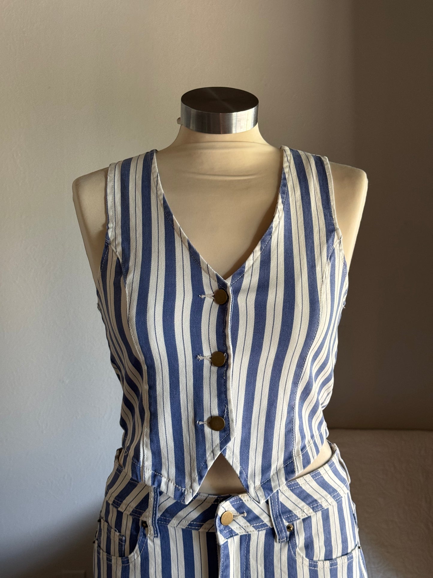 Clarice Classic Striped Button Front Vest In Vintage Blue