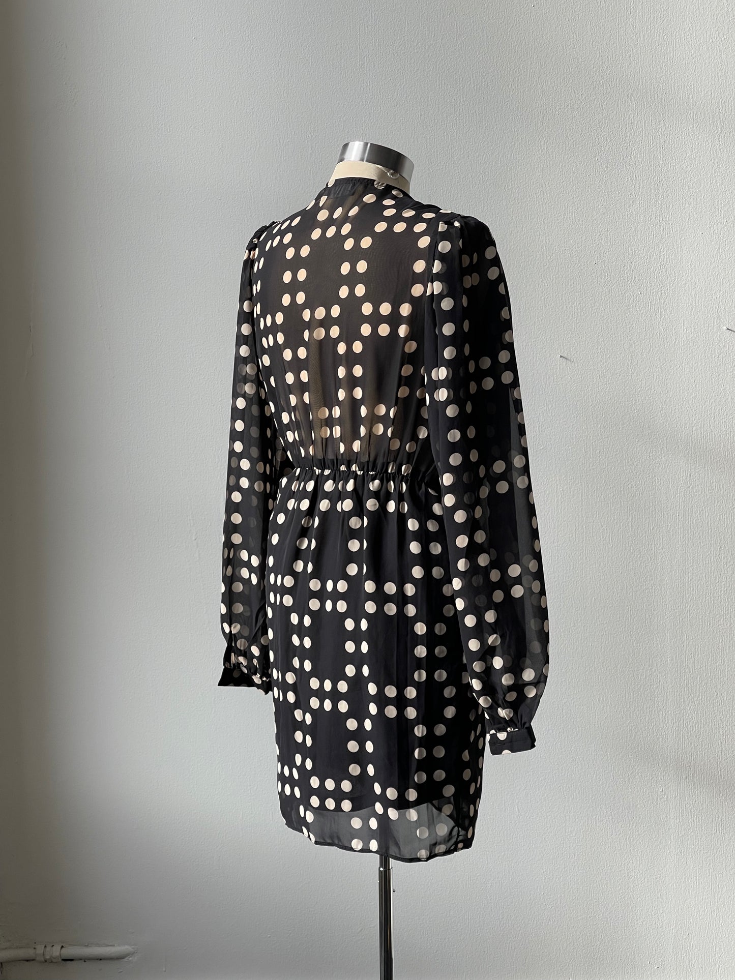Millie Polkadot Sheer Balloon Sleeve Wrap Dress In Midnight Navy