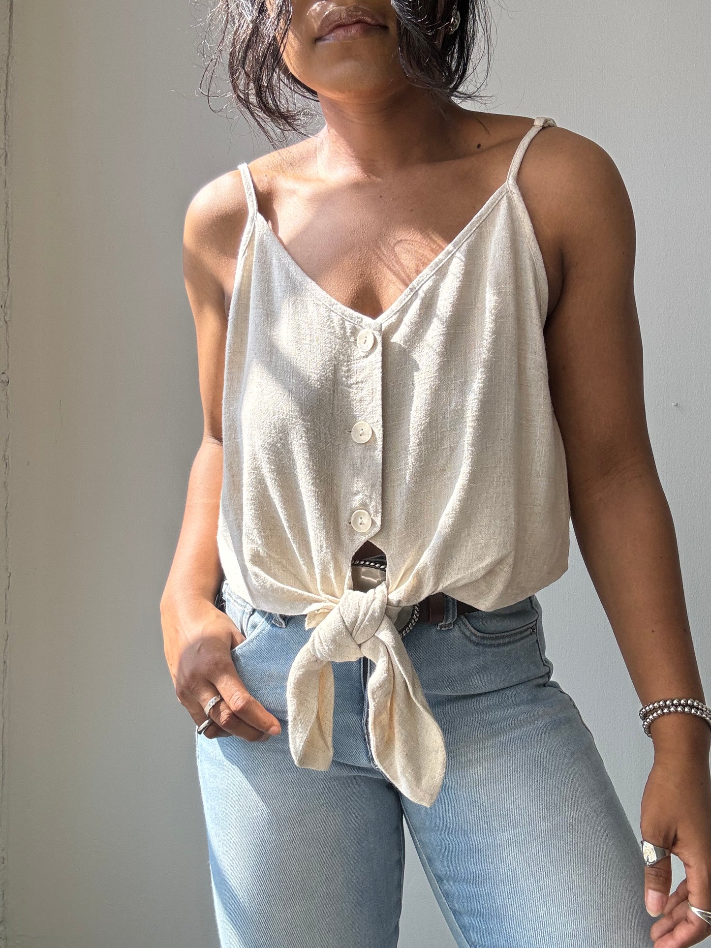 Mae Cotton & Linen Tie Front Crop Top In Natural