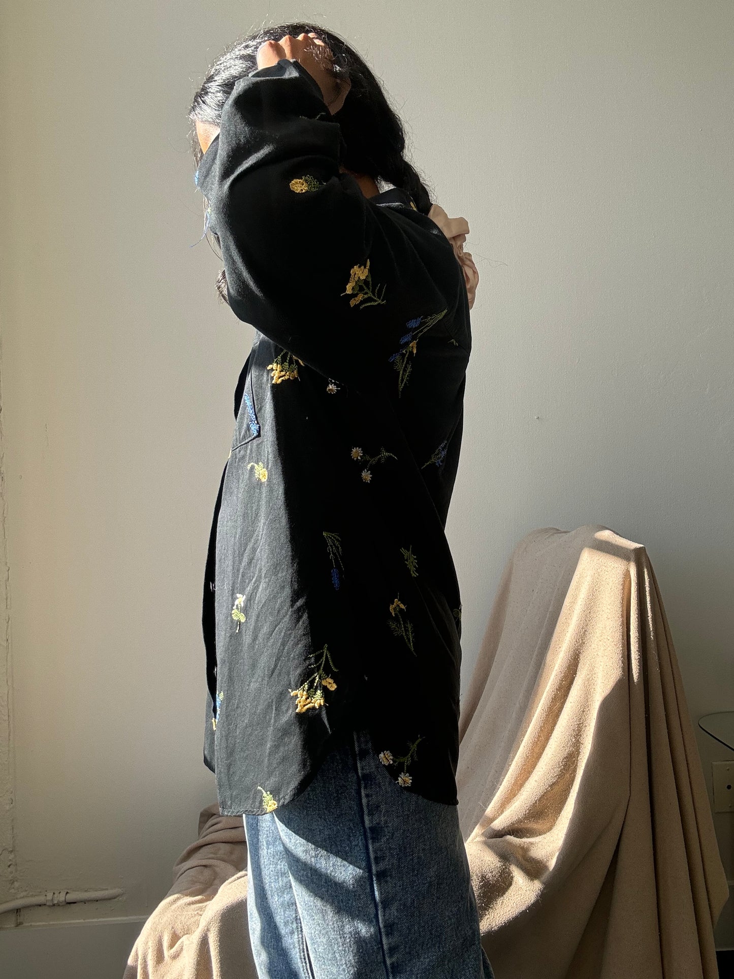Marlene Cotton Embroidered Floral Button Down In Black