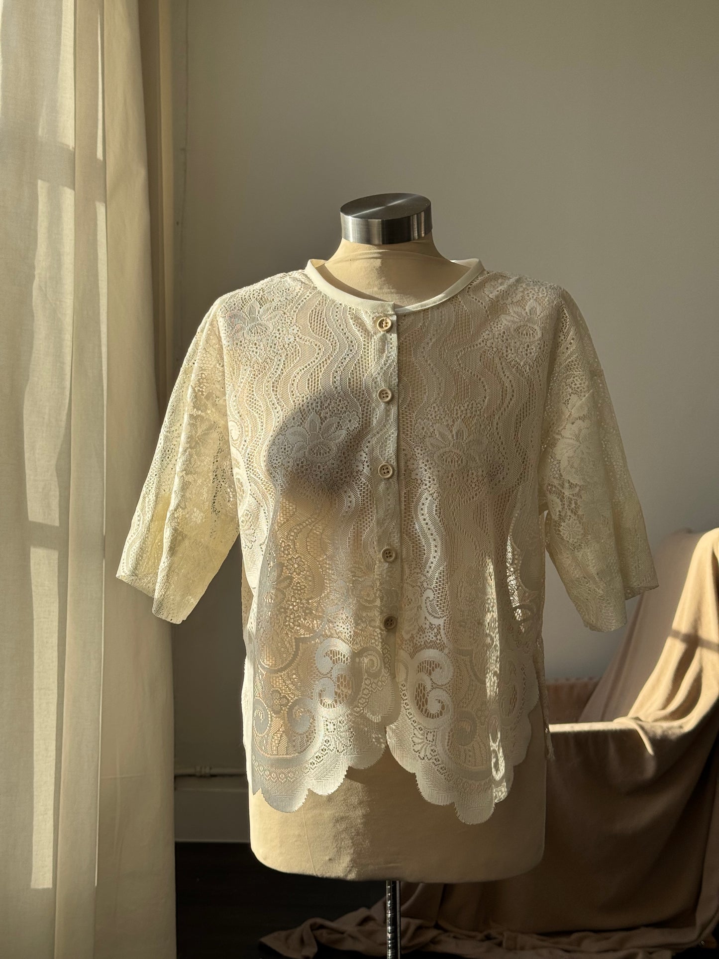 Judy Handcrafted Vintage Lace Button Down Top In Cream