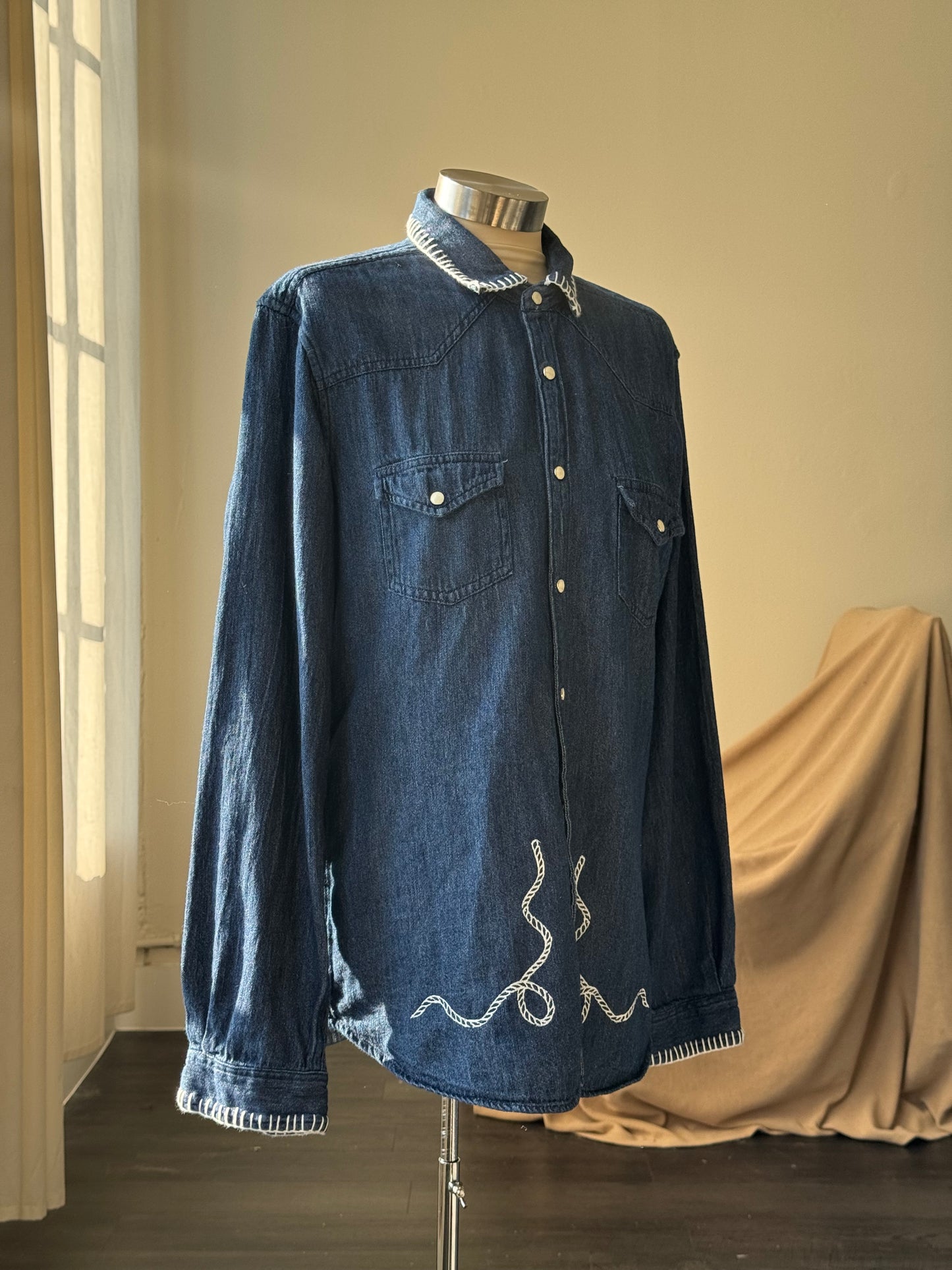 Michael Handcrafted Cowboy Stitch Embroidered Button Down In Denim