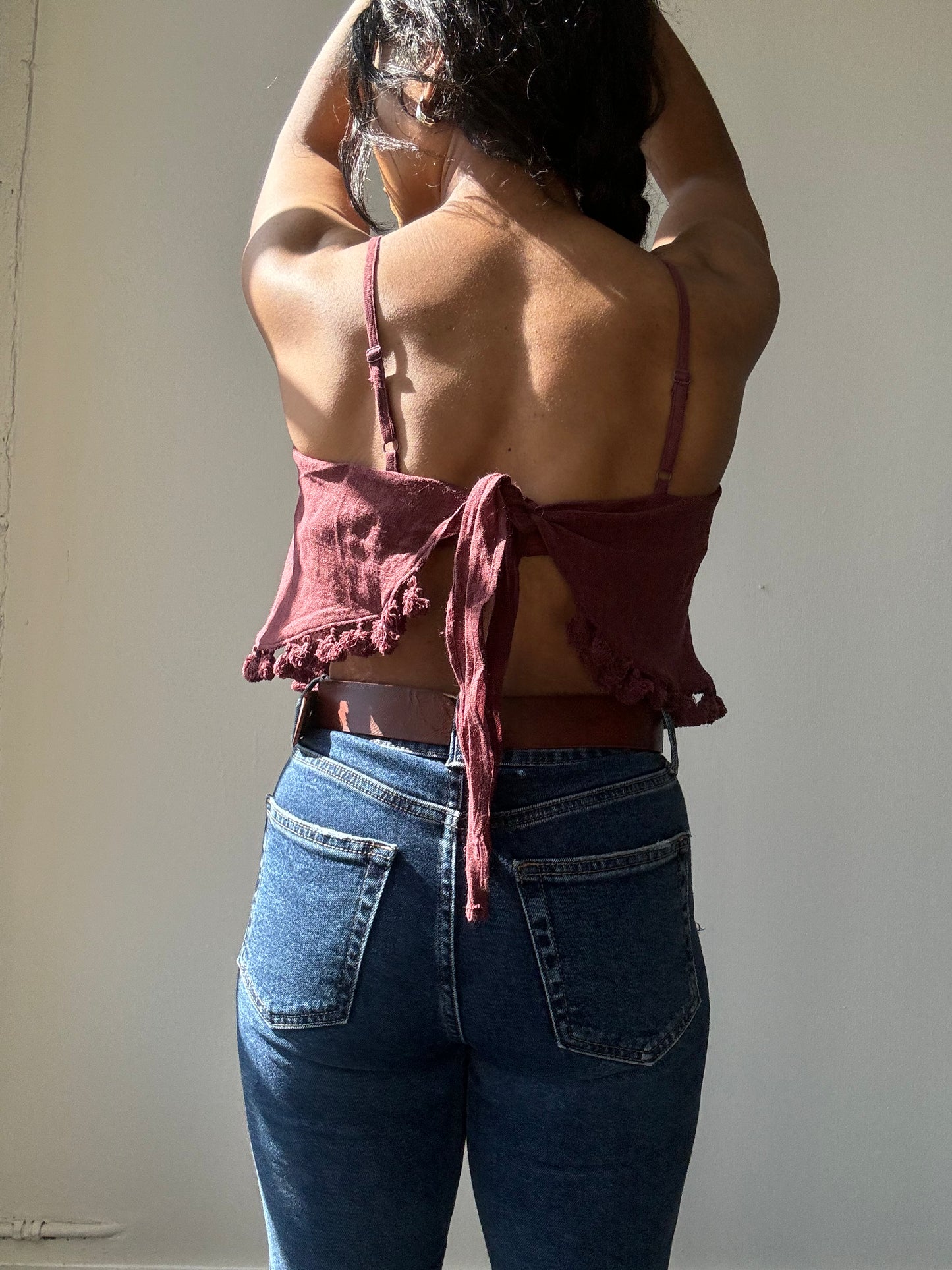 Olivia Ramie Tassel Bandana Top In Deep Plum