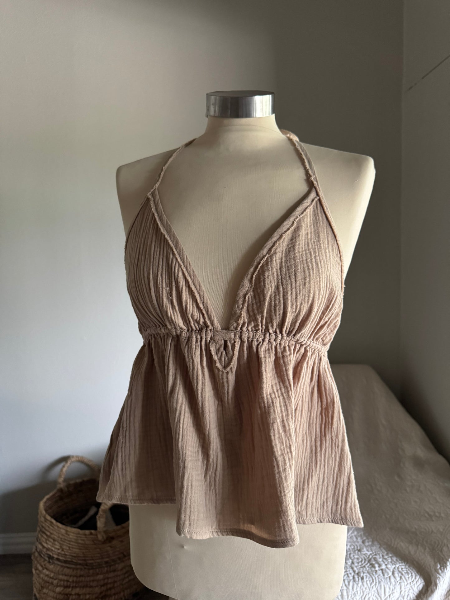 Marcia Cotton Gauze Halter Top In Taupe