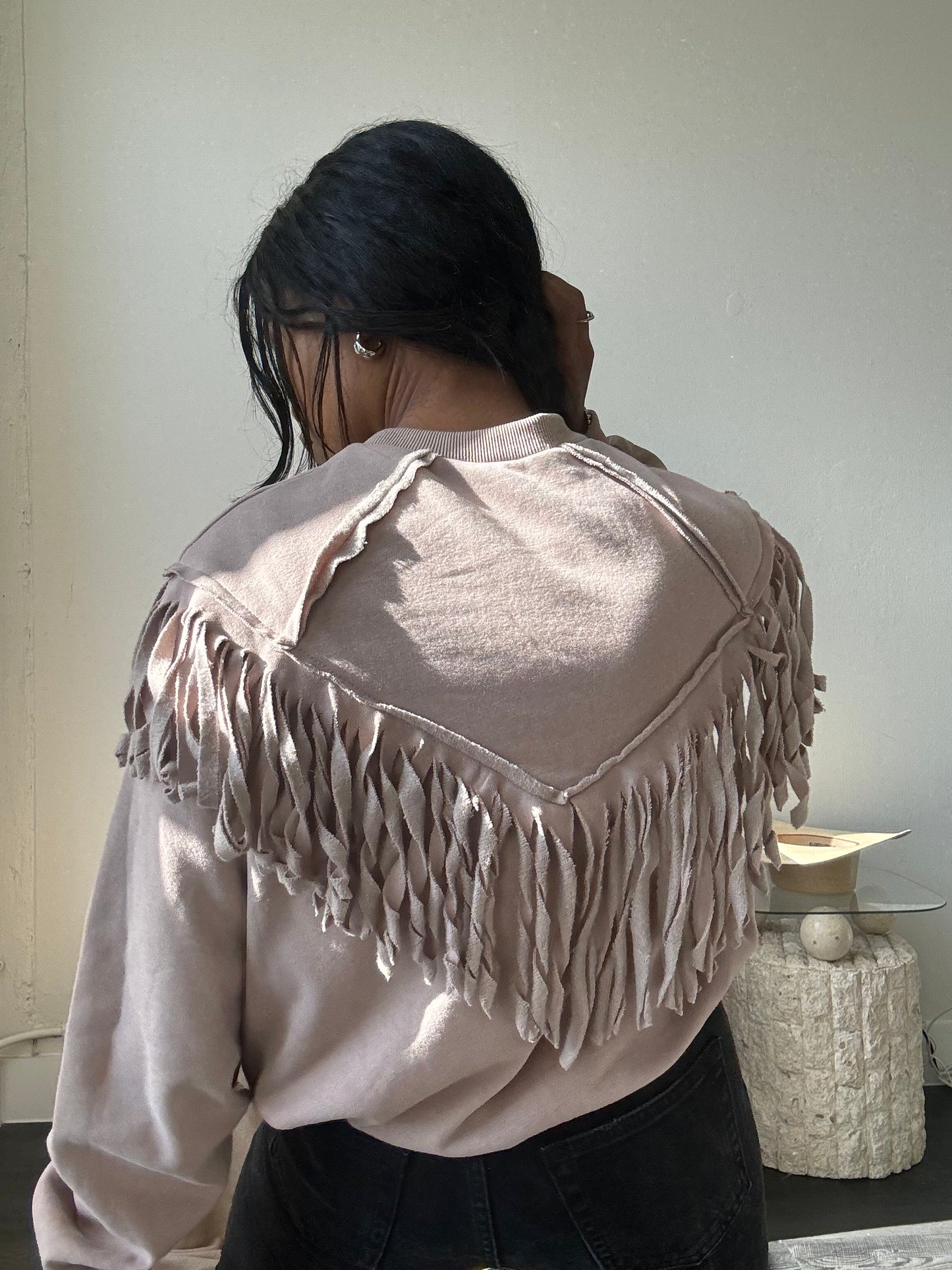 Kalon Cotton Crewneck Western Style Fringe Pullover In Sand