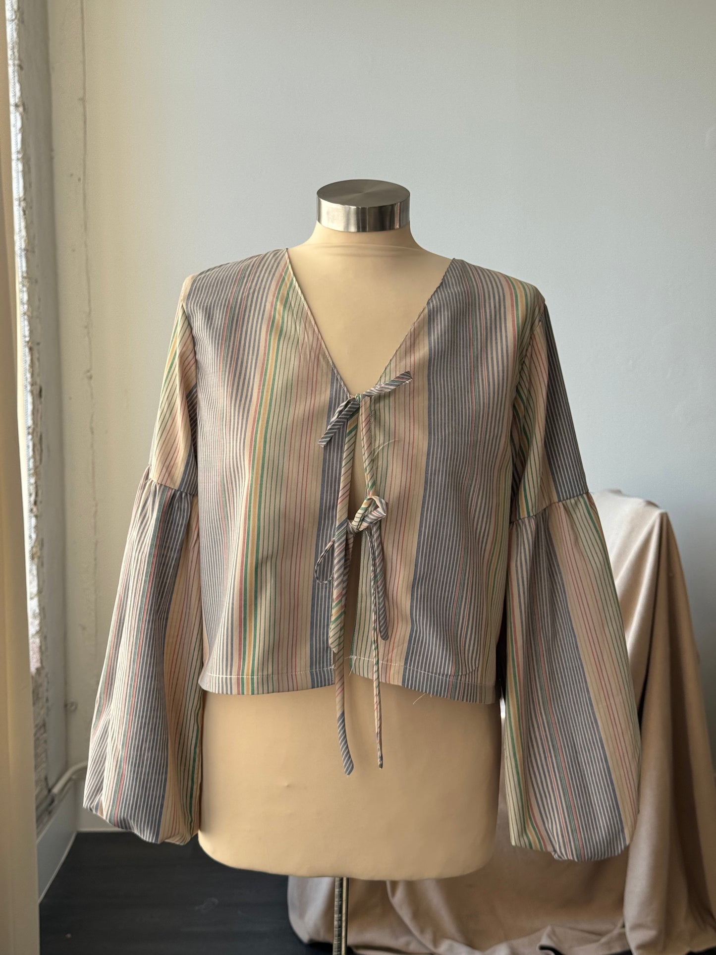 Brenda Faye Handcrafted Vintage Striped Lantern Sleeve Tie Front Top