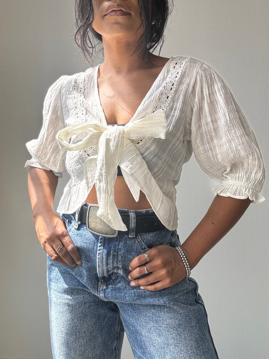 May Cotton Tie Front Crop Top In Ivory