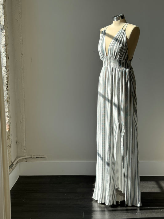 Summer Striped Halter Maxi Dress In White & Black