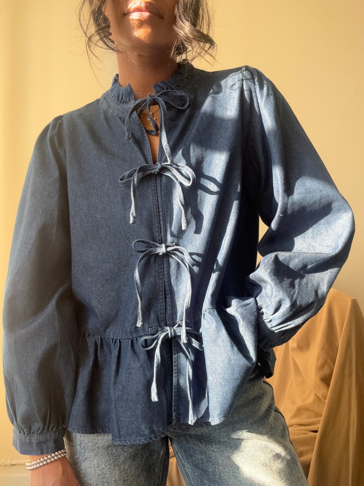 Jezebel Denim Open Front Tie Top In Indigo