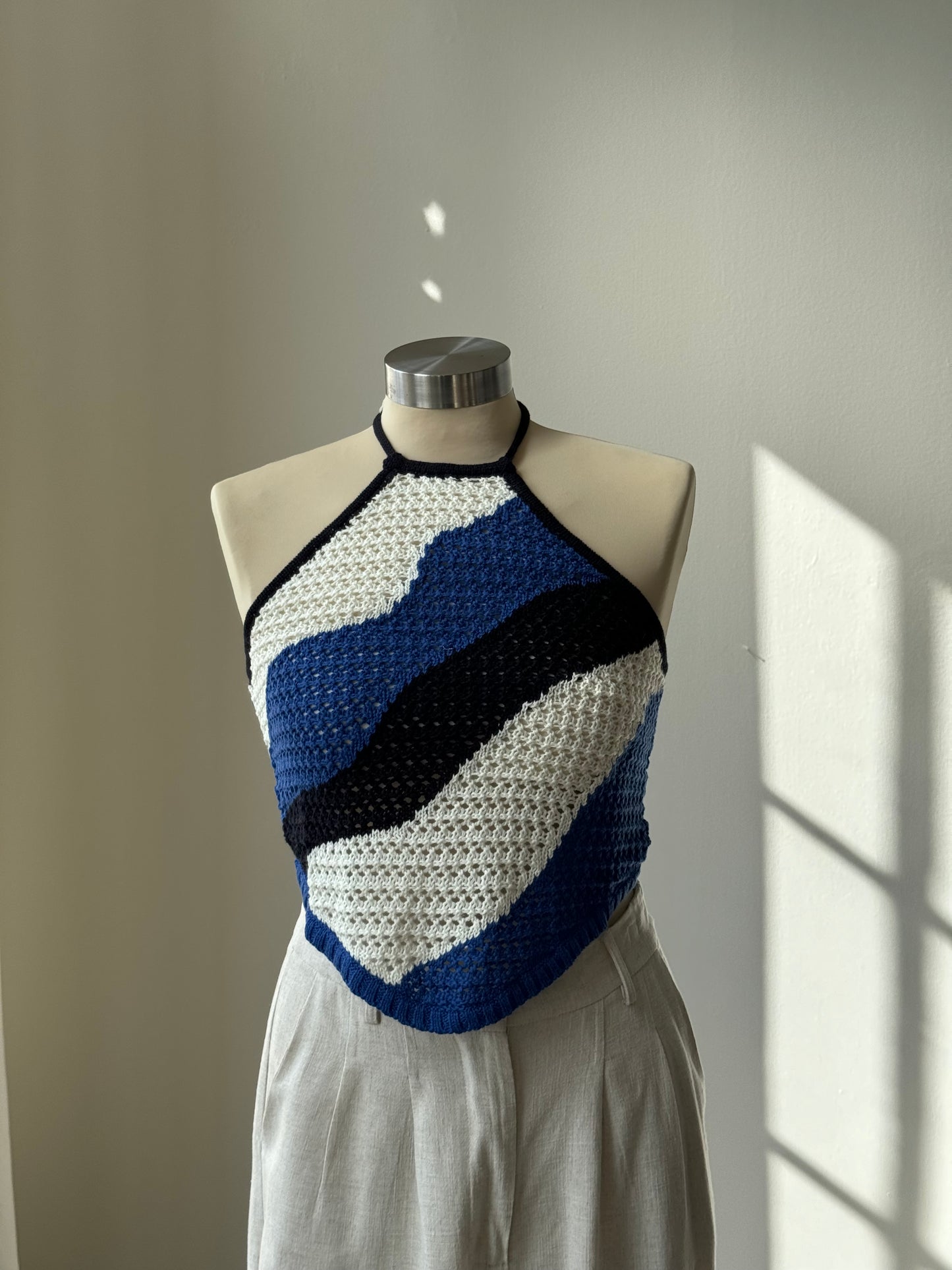 Billie Cotton Crochet Wave Halter Open Back Top In Cobalt Blue