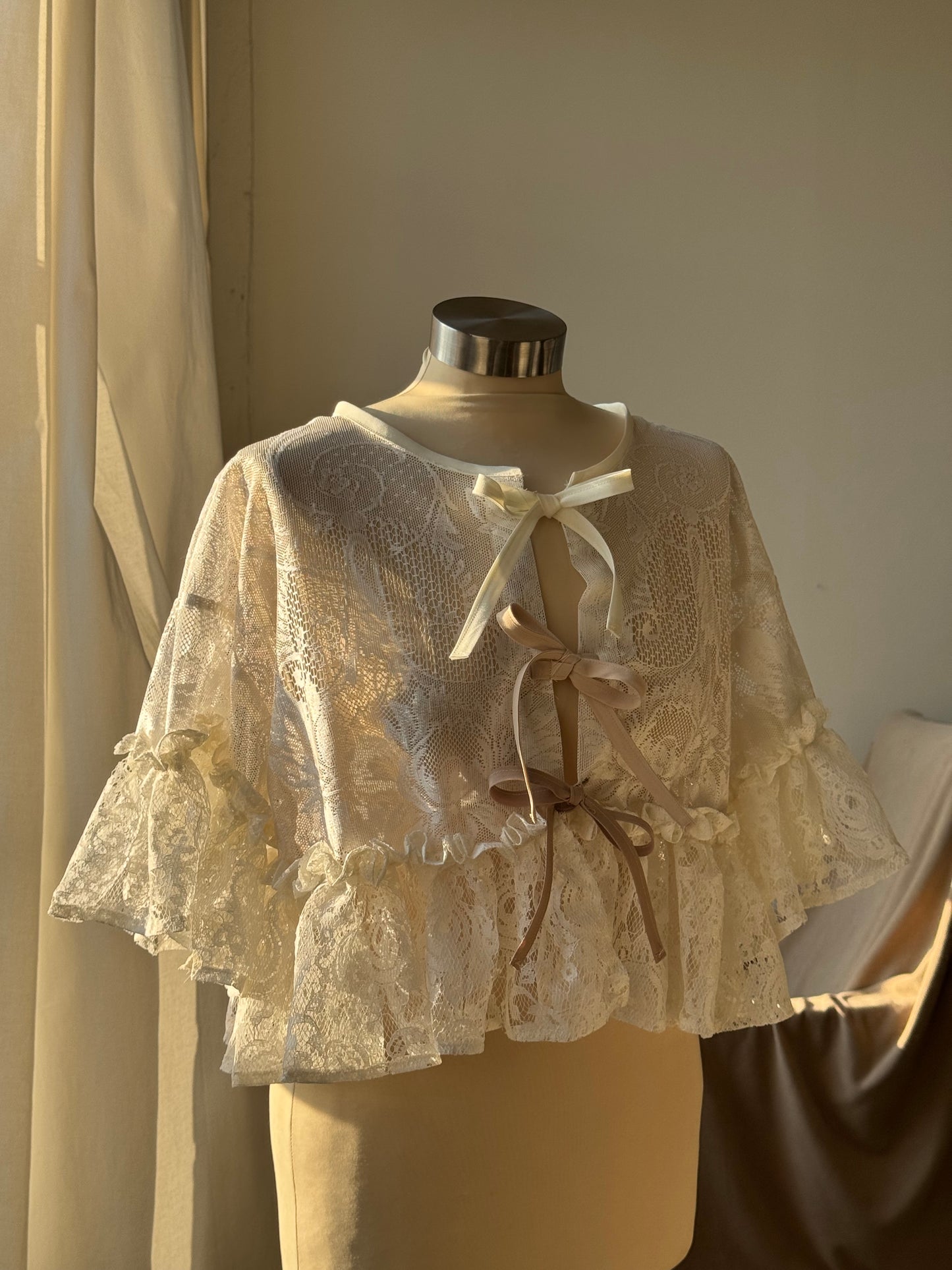 Eliza Vintage Lace Handcrafted Ruffle Top In Ivory White