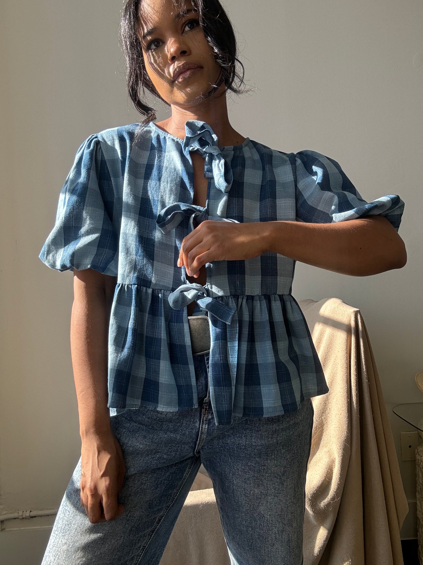 Gable Cotton Plaid Tie Top In Vintage Denim Blue