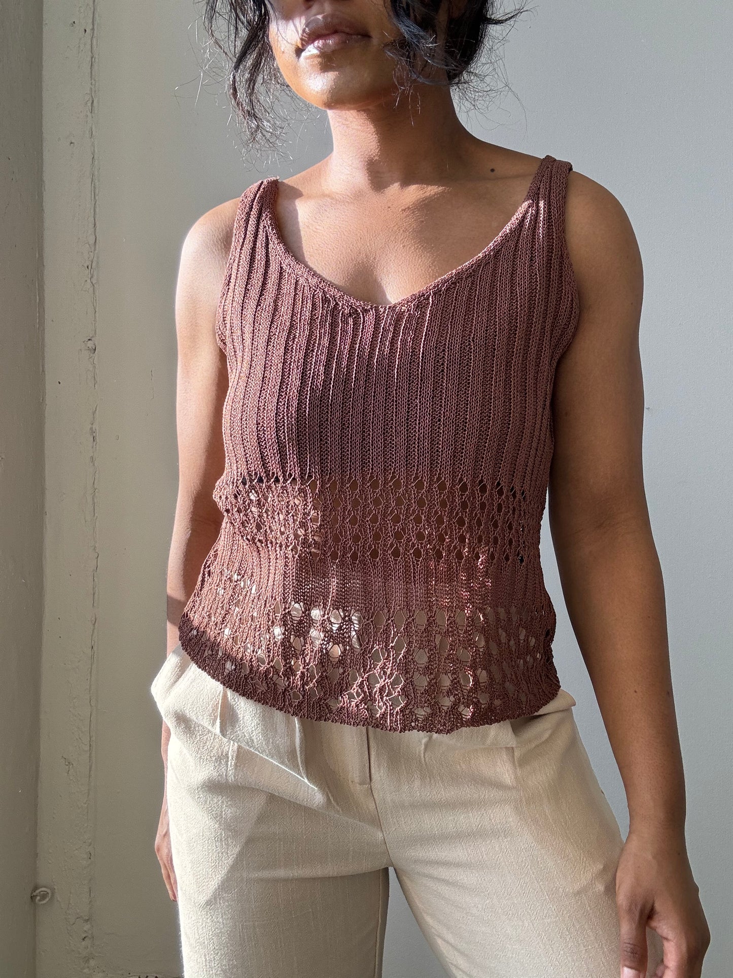 Perry Crochet Knit Tank Top In Brown