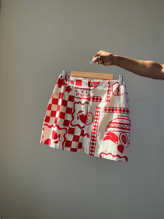Harper Cotton Slit Front Mini Skirt In Natural Red