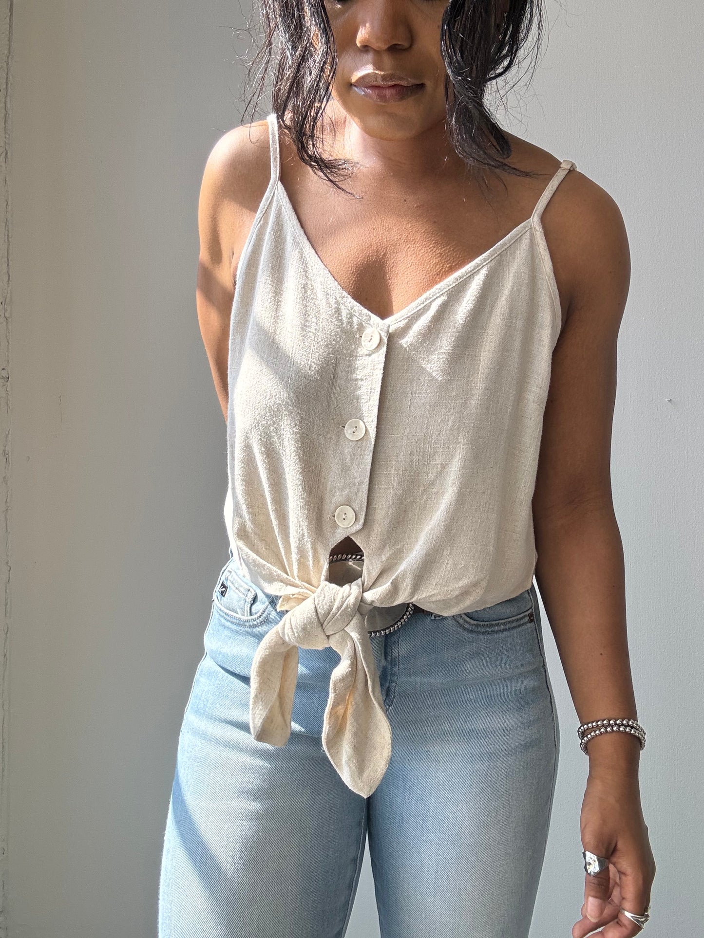 Mae Cotton & Linen Tie Front Crop Top In Natural