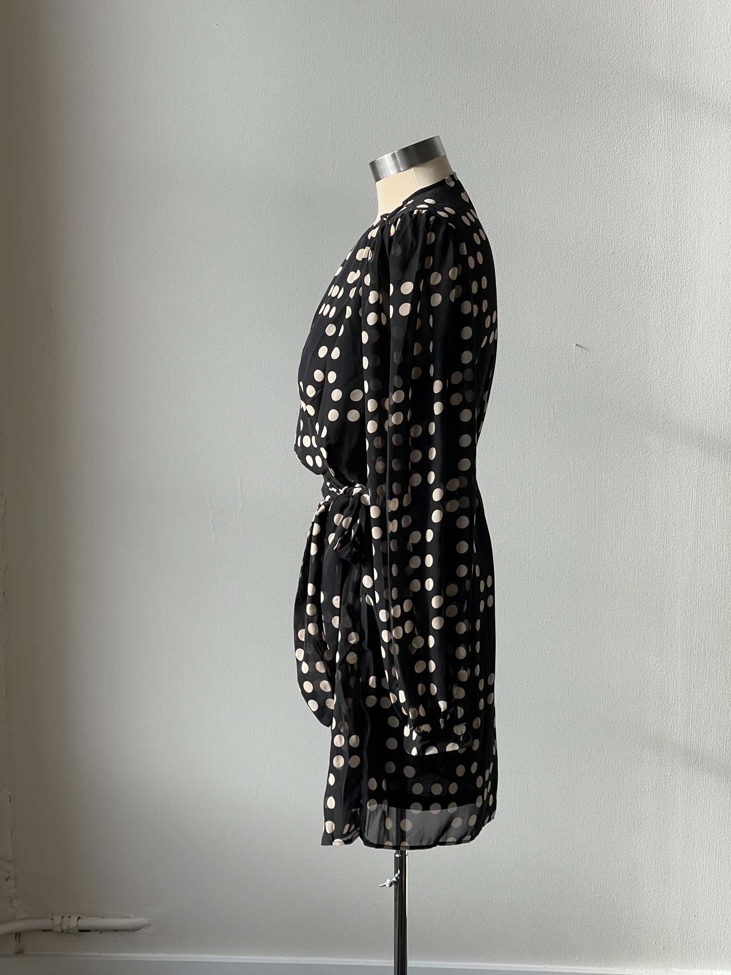 Millie Polkadot Sheer Balloon Sleeve Wrap Dress In Midnight Navy