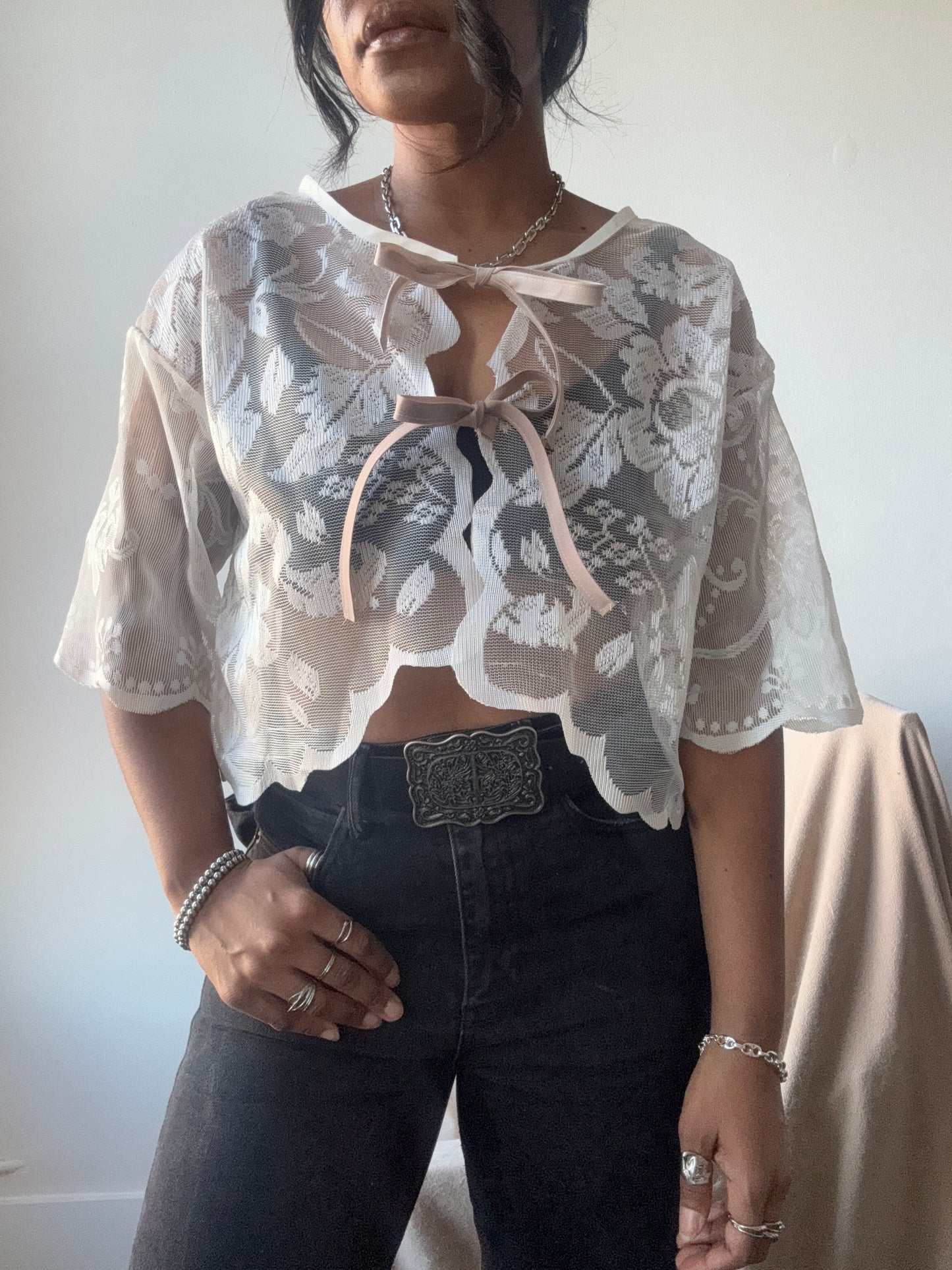 Sherie Handcrafted Vintage Lace Tie Top In Ivory