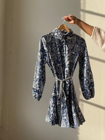 Paisley Button Down Balloon Sleeve Tie Shirt Dress In Vintage Navy