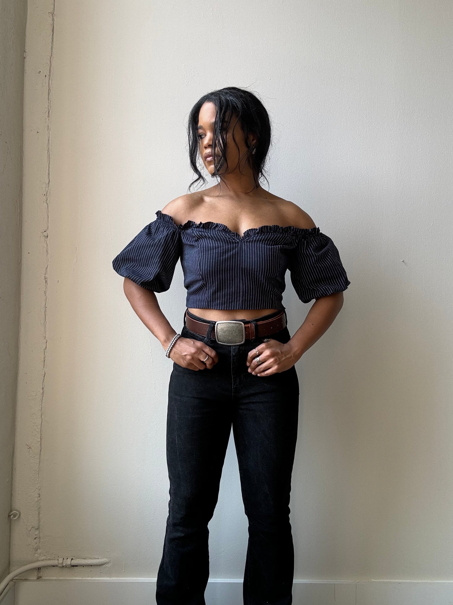 Lori Cold Shoulder Pinstripe Puff Sleeve Crop Top In Navy