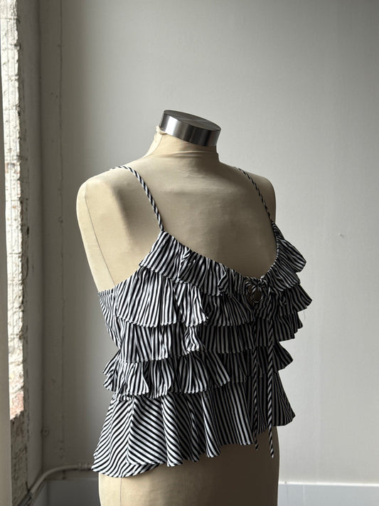 Megan Striped Ruffle Spaghetti Strap Top In Black