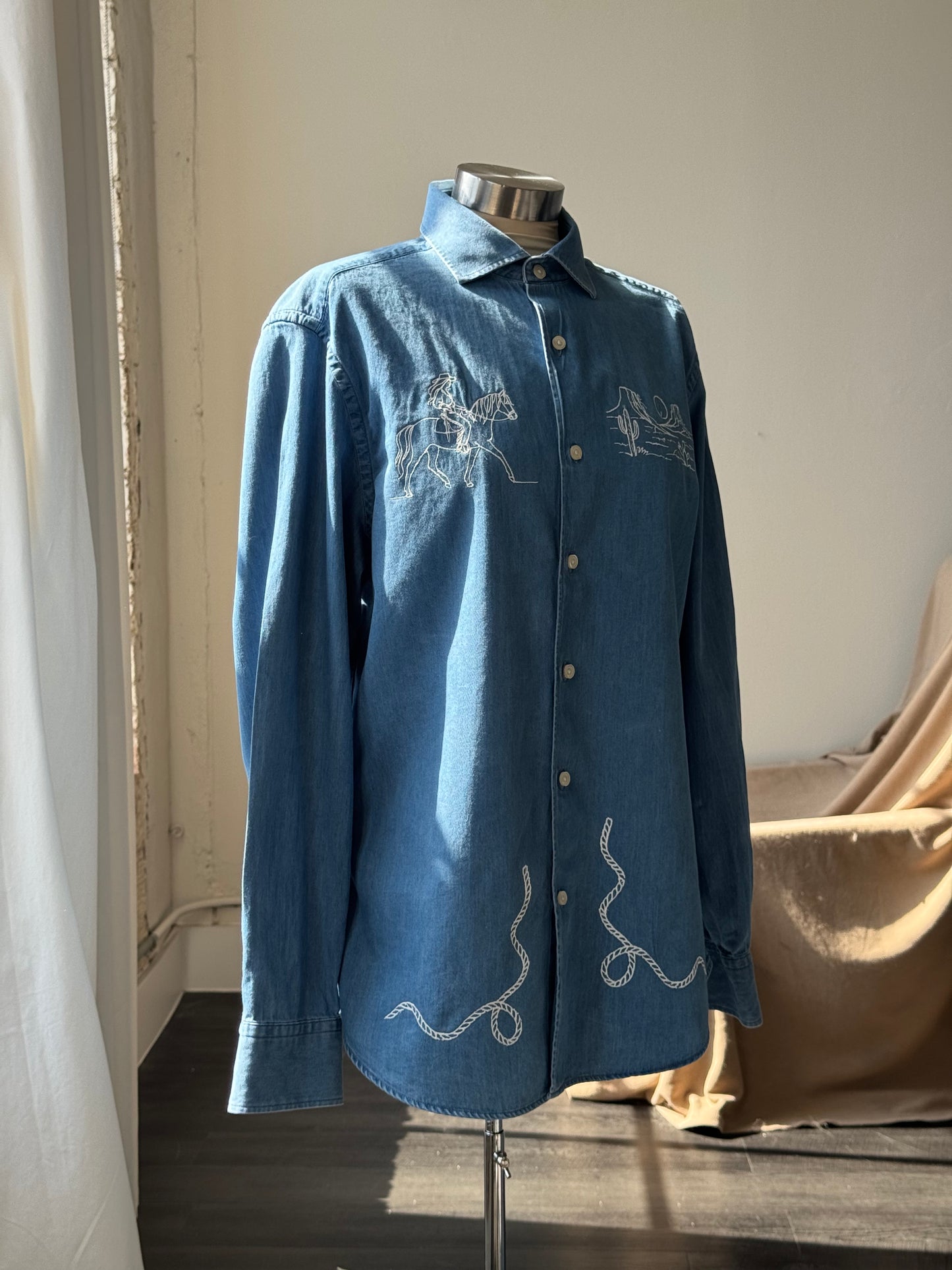 Jaxson Handcrafted Embroidered Button Down In Deep Denim