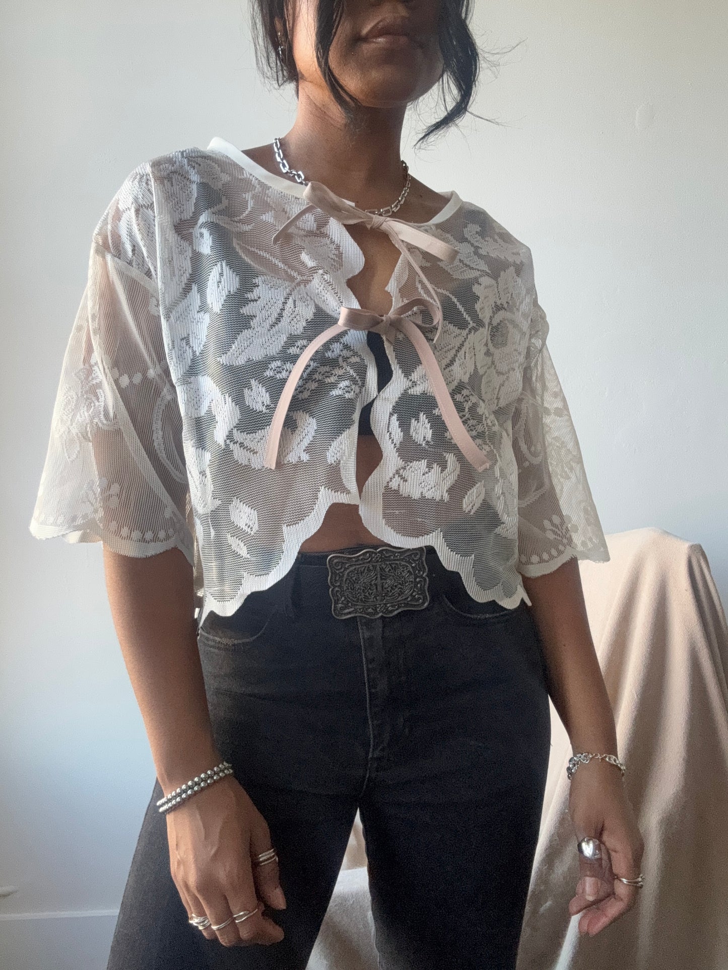 Sherie Handcrafted Vintage Lace Tie Top In Ivory