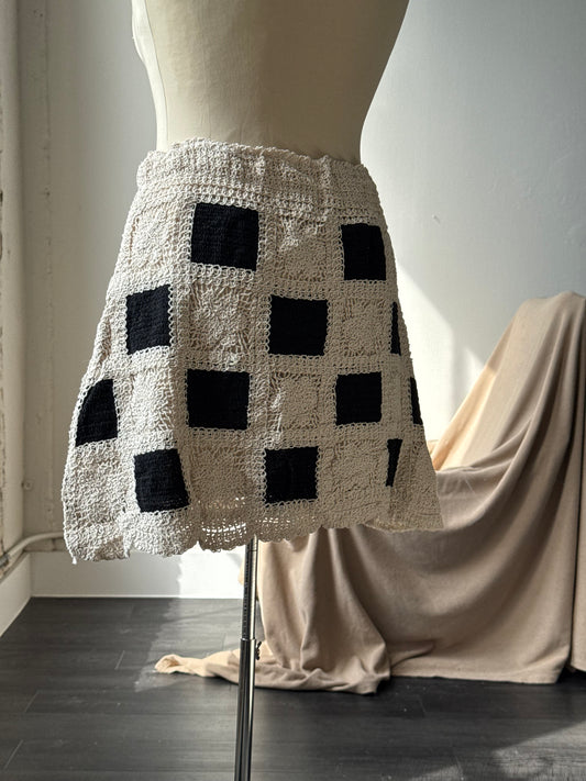 Katie Cotton Crochet Check Mini Skirt In Black