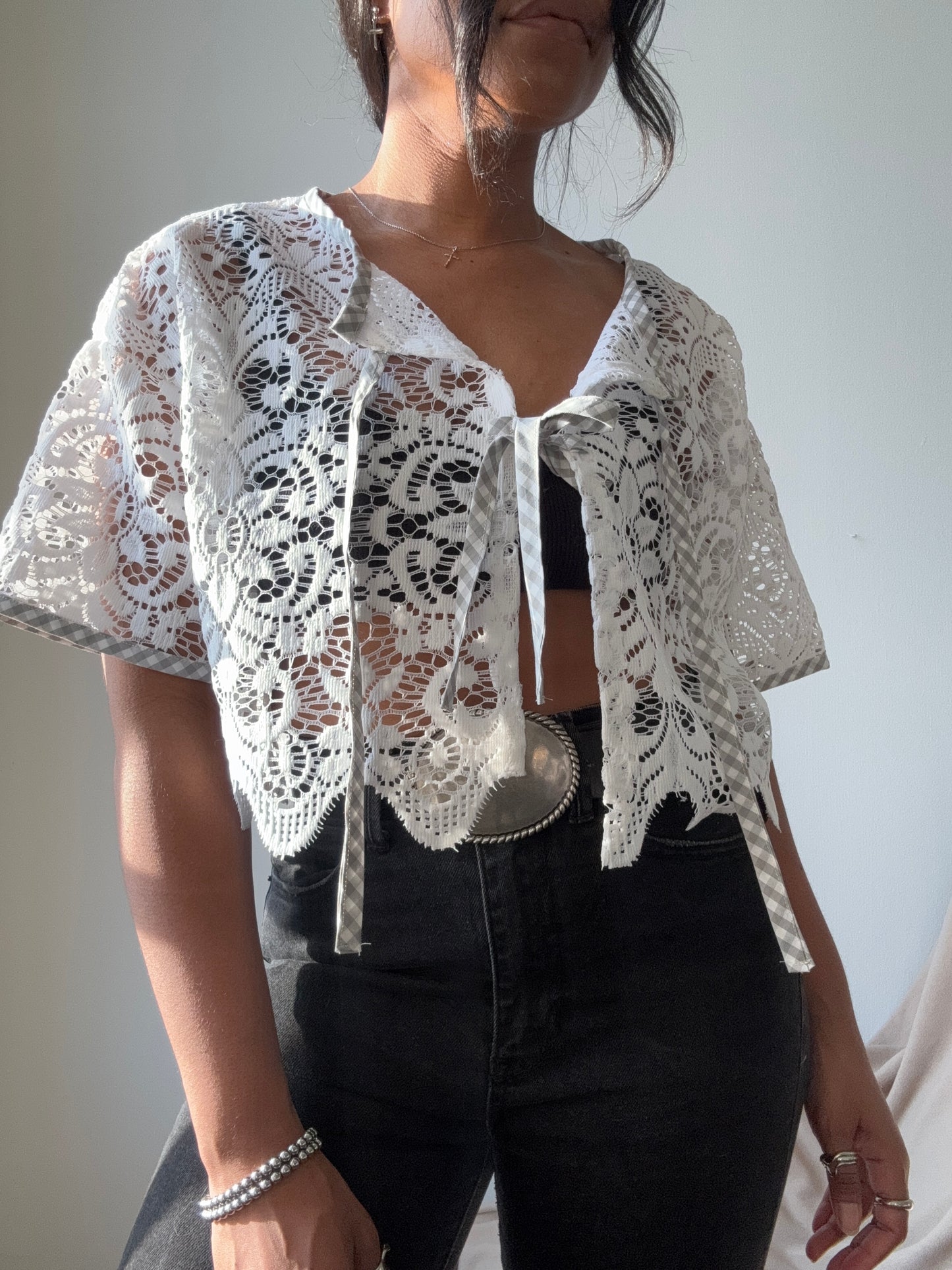 Velma Handcrafted Vintage Lace Wave Tie Top In White