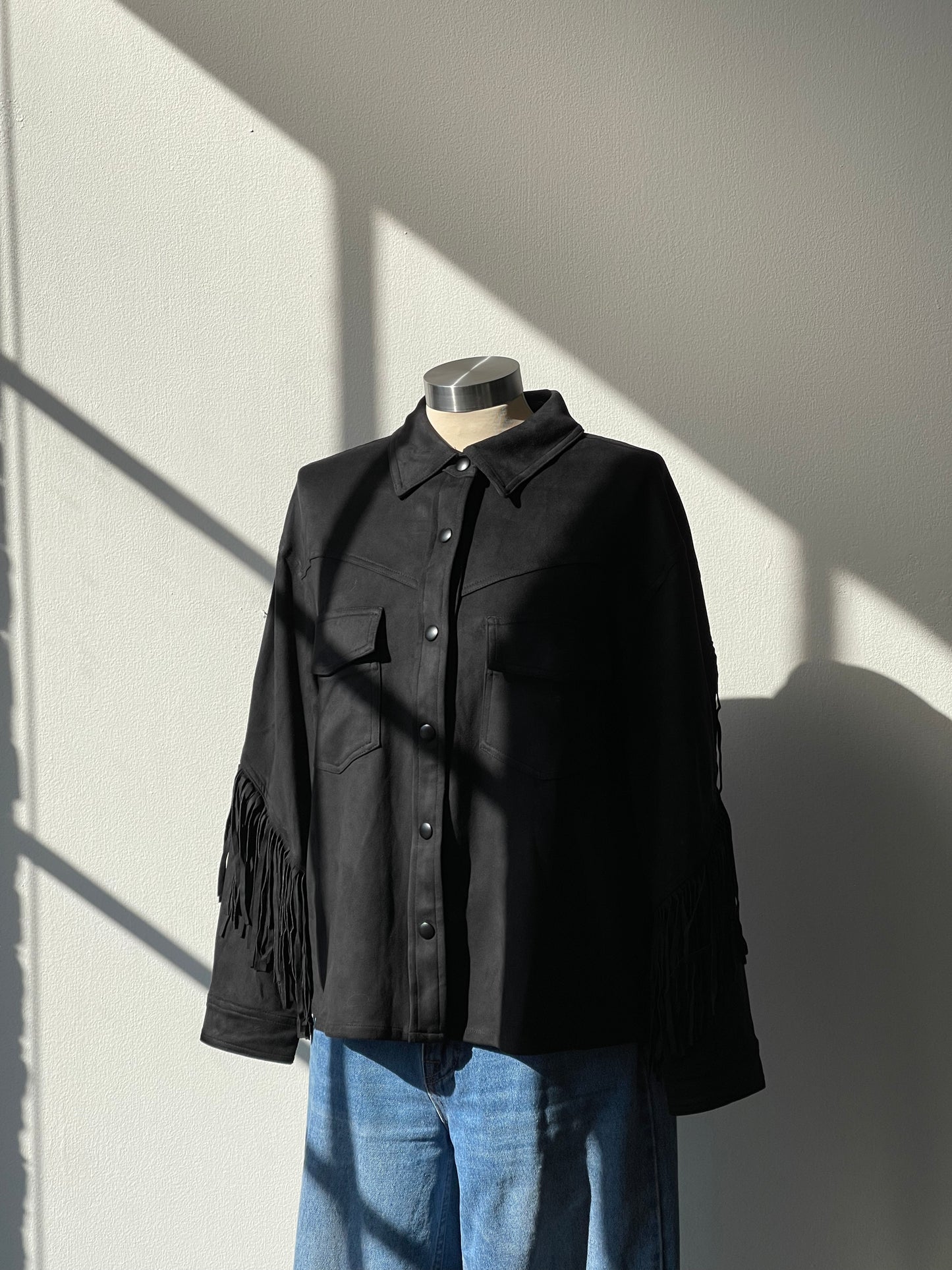 Dixie Microsuede Fringe Snap Front Shacket In Black