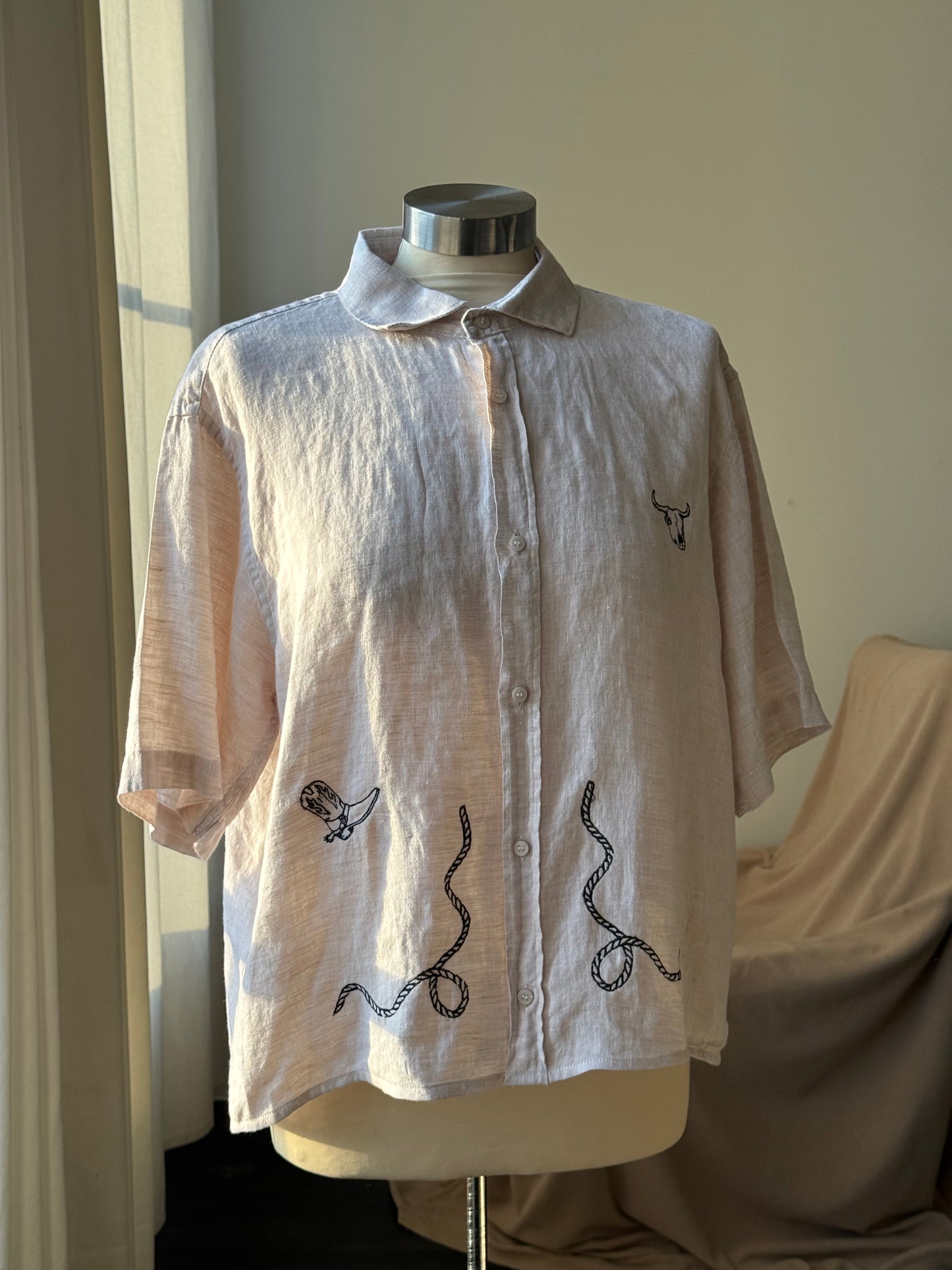 Judy Handcrafted Sad Songs Cropped Linen Button Down Short Sleeve In Natural