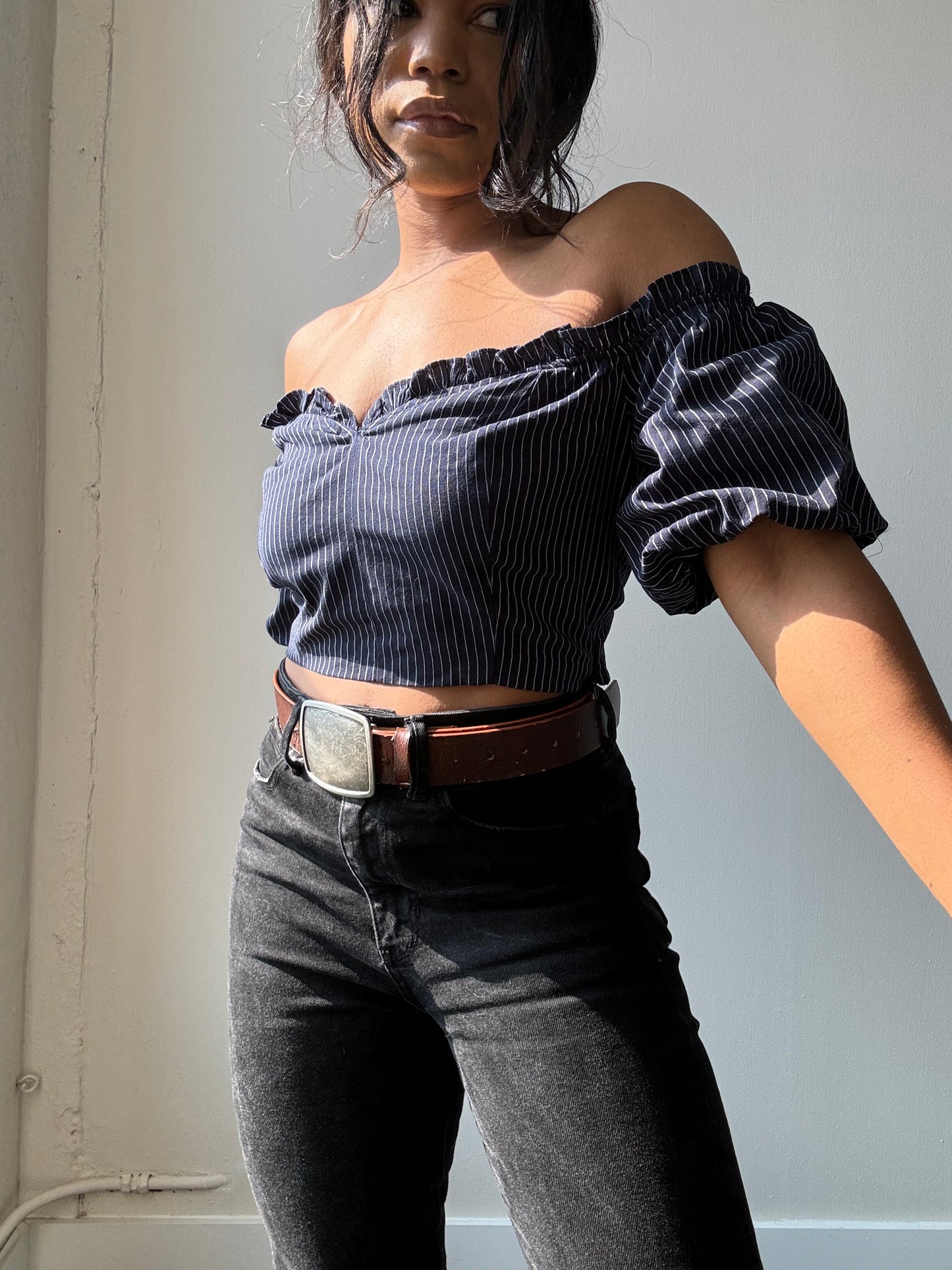 Lori Cold Shoulder Pinstripe Puff Sleeve Crop Top In Navy
