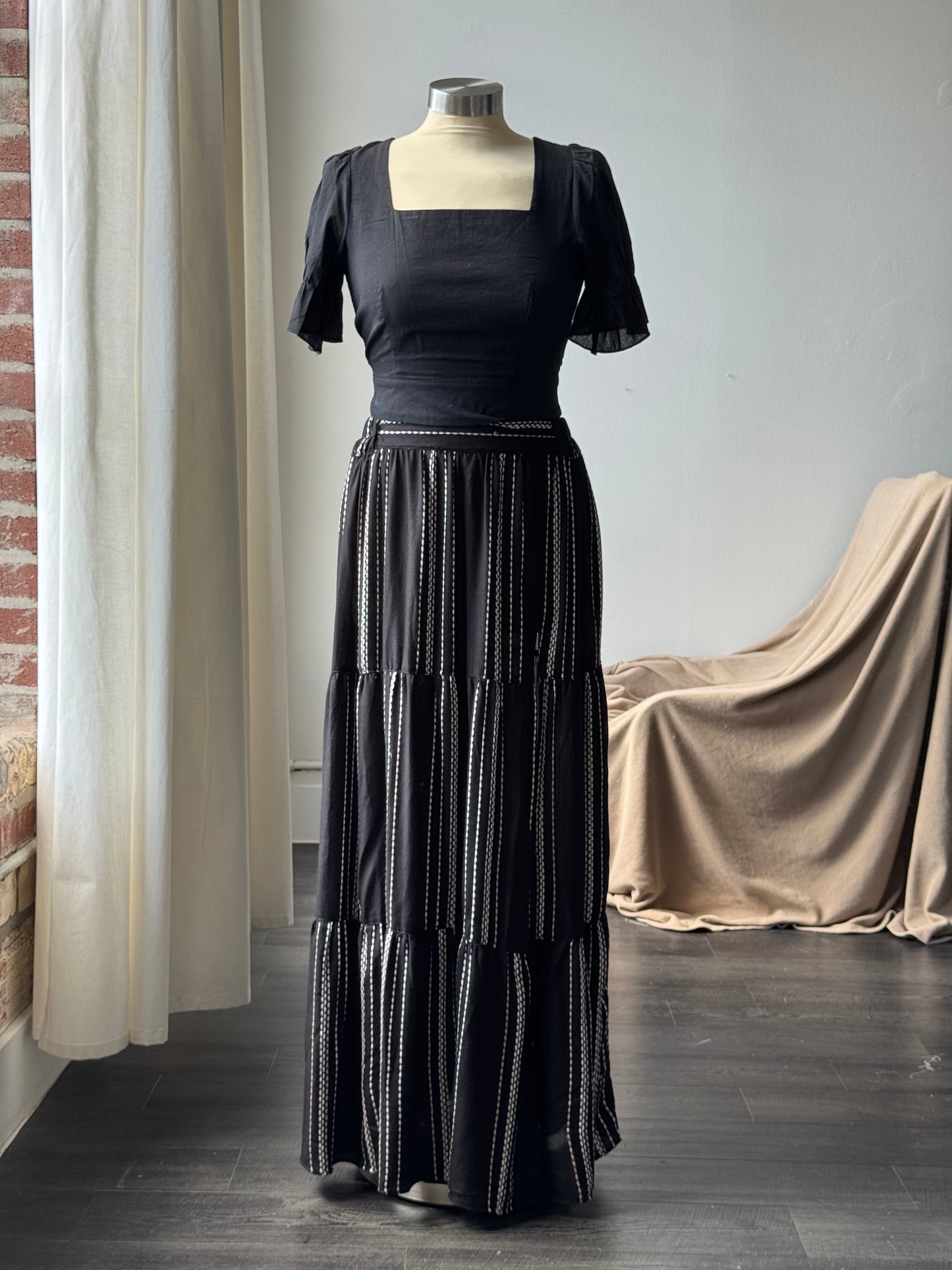 Melissa Embroidered Striped Slit Maxi Skirt In Blush Black