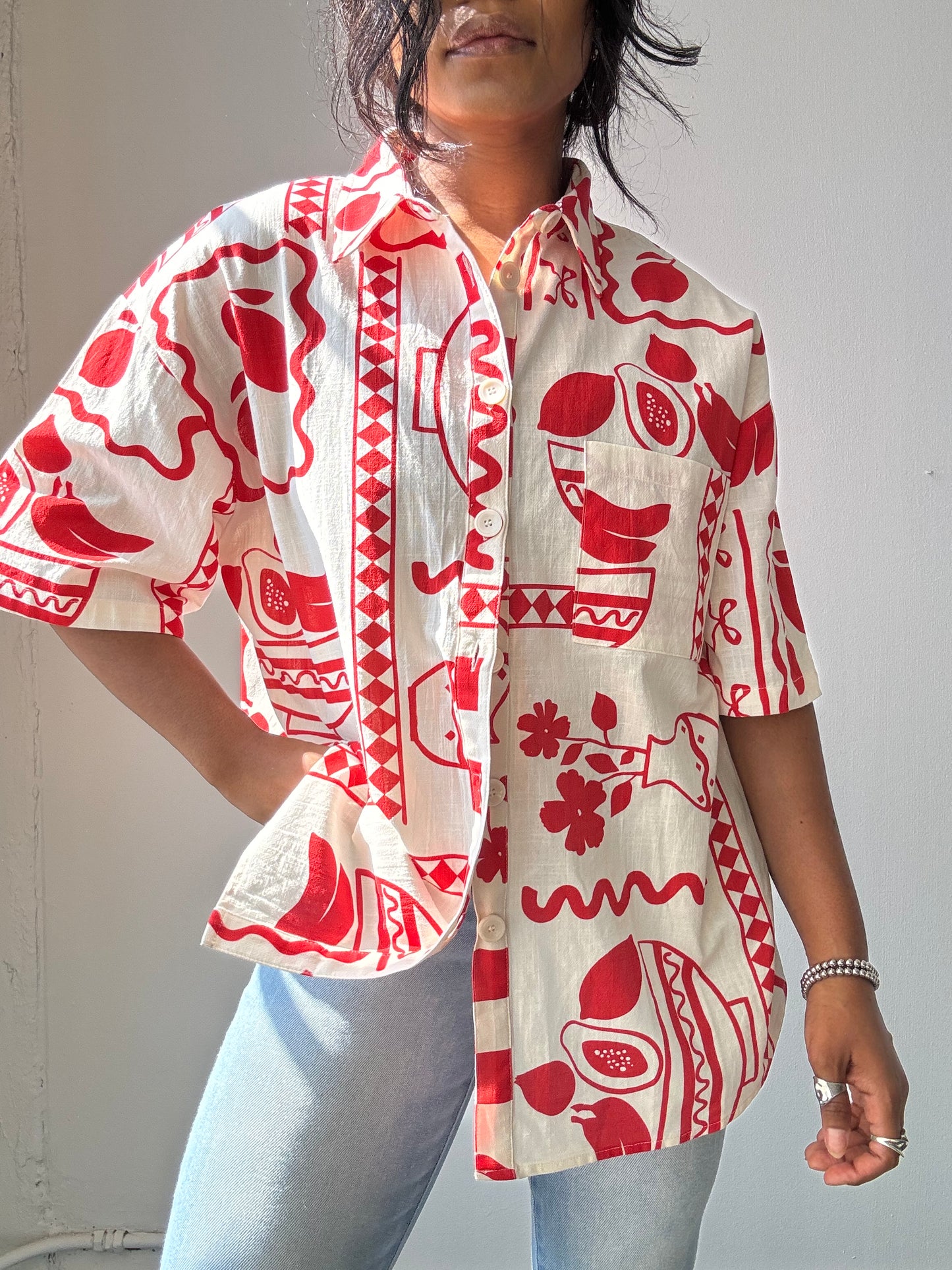 Harper Cotton Short Sleeve Button Down Shirt In Natural Red