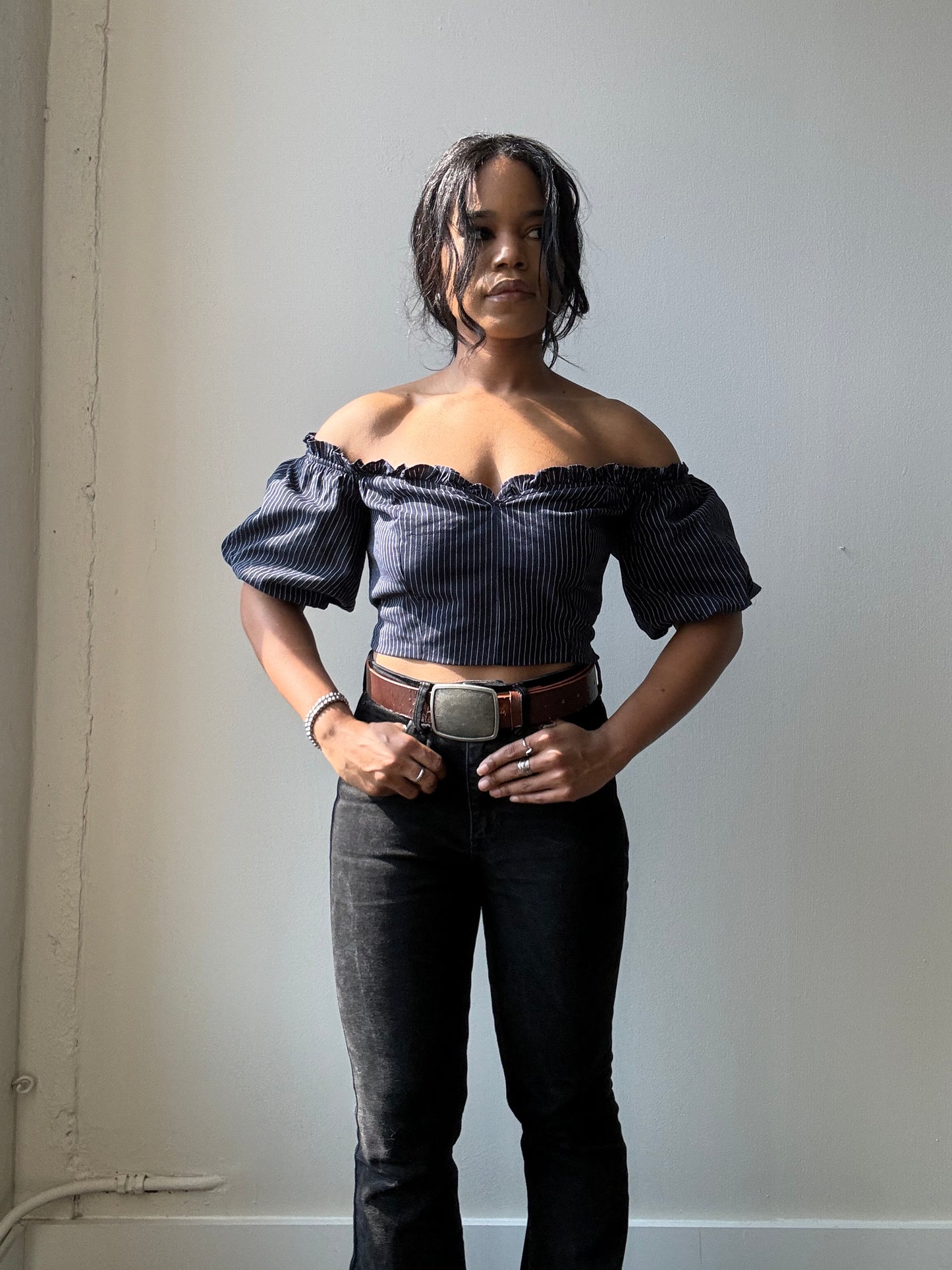 Lori Cold Shoulder Pinstripe Puff Sleeve Crop Top In Navy