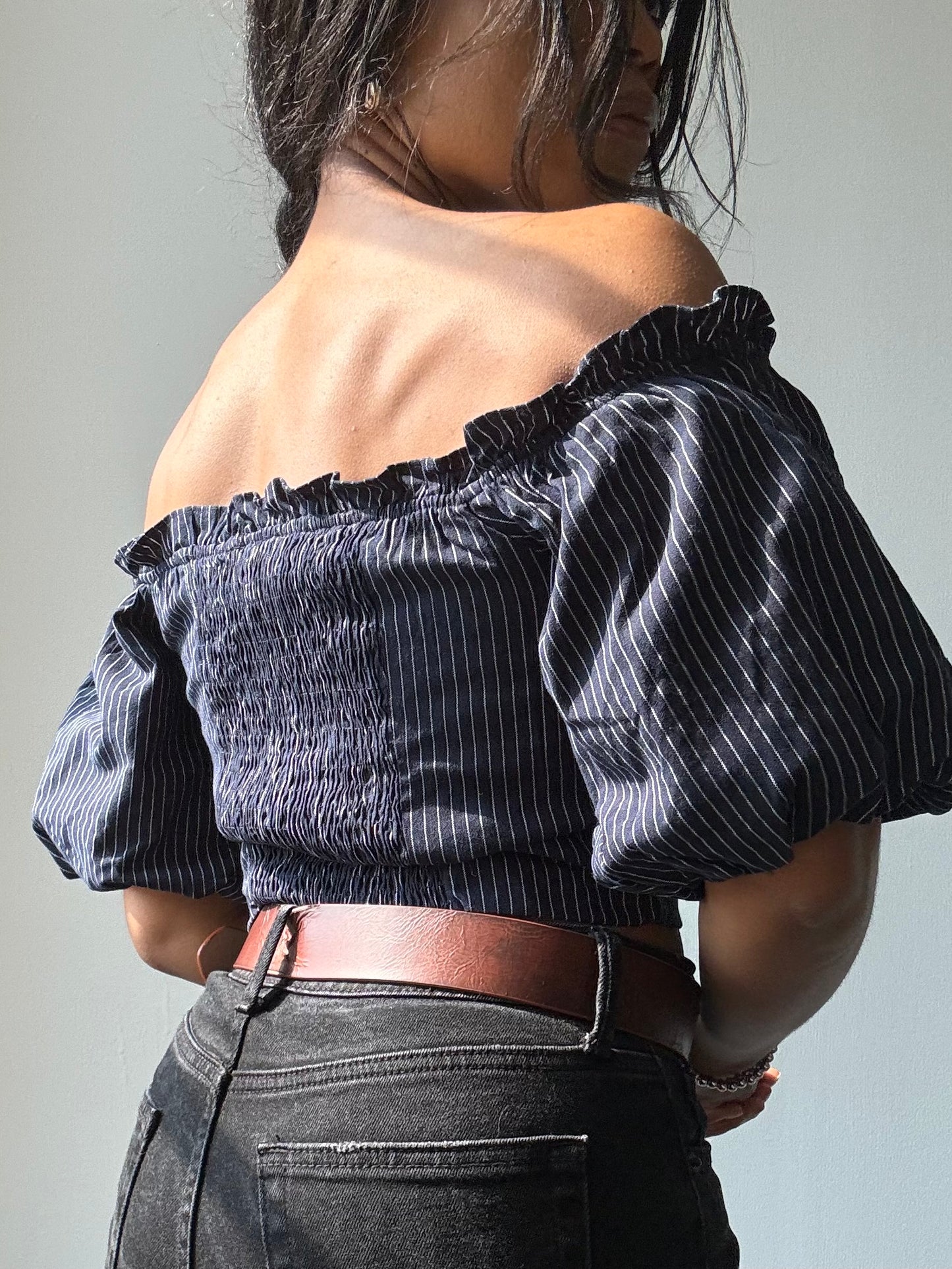 Lori Cold Shoulder Pinstripe Puff Sleeve Crop Top In Navy