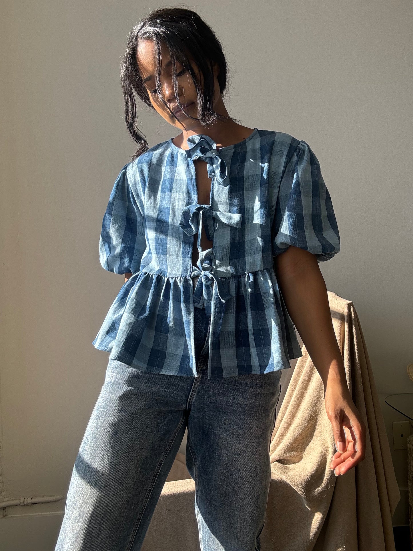 Gable Cotton Plaid Tie Top In Vintage Denim Blue