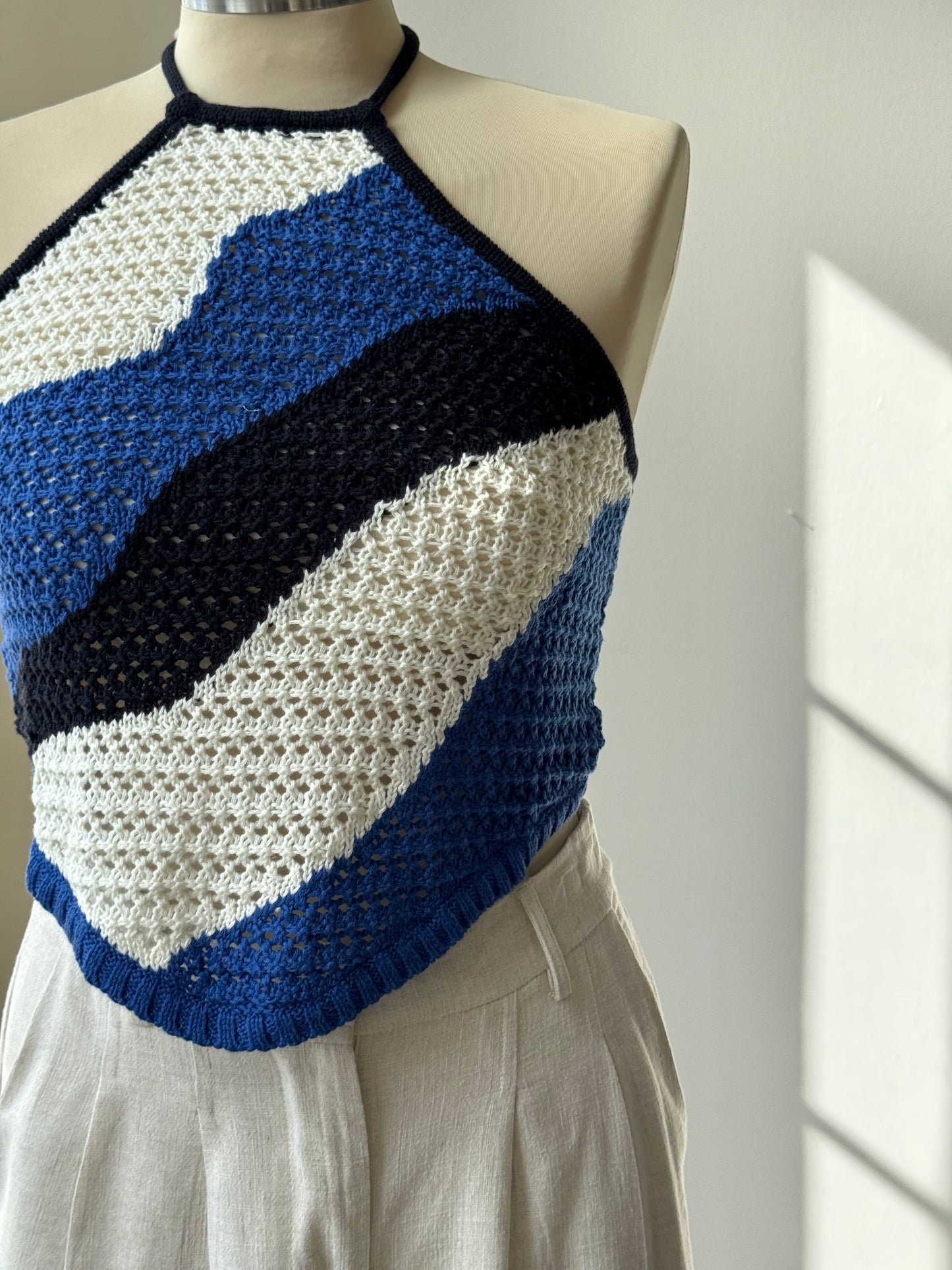 Billie Cotton Crochet Wave Halter Open Back Top In Cobalt Blue