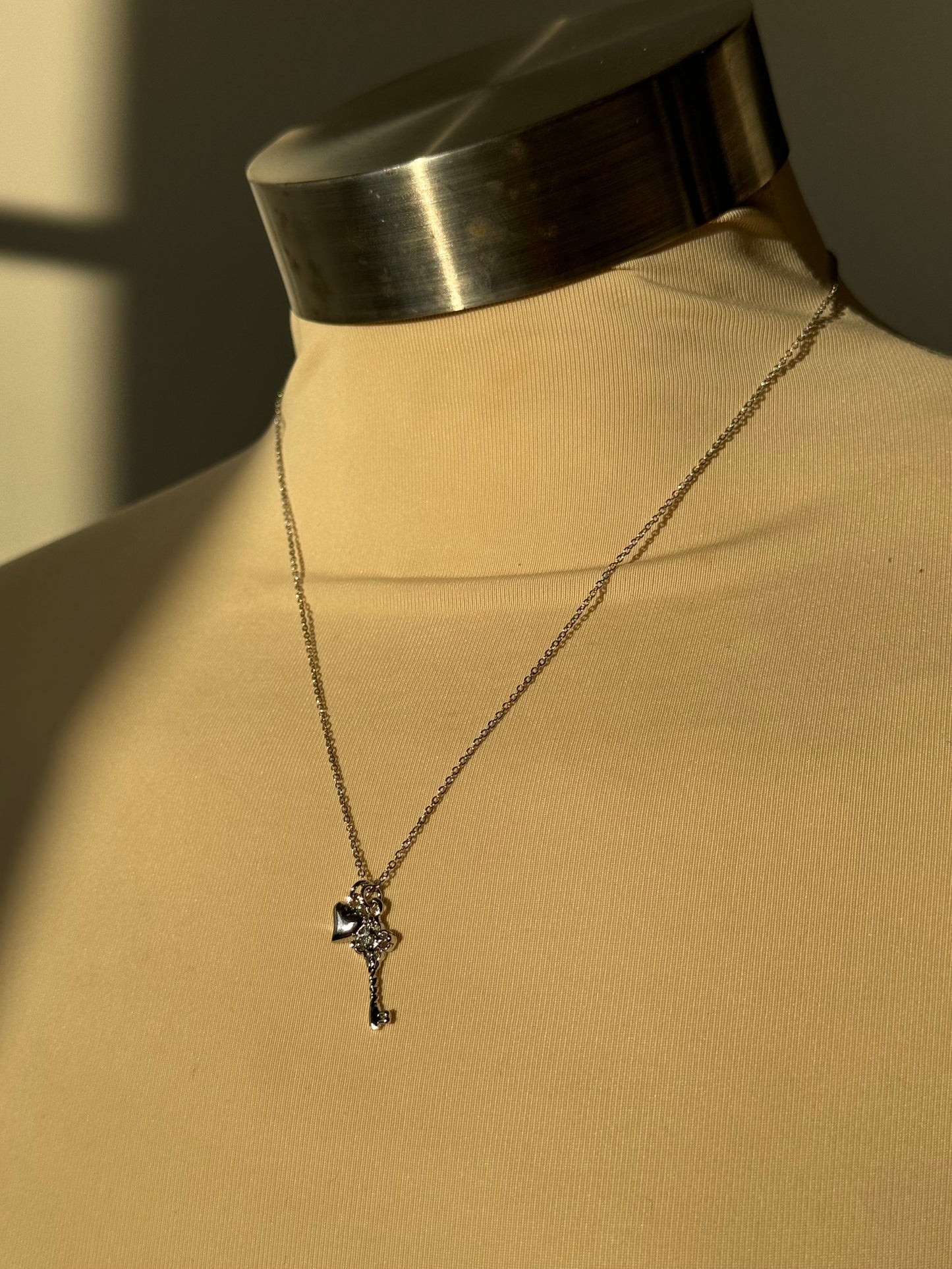 Bell White Gold Dipped Key Charm & Heart Necklace In Silver
