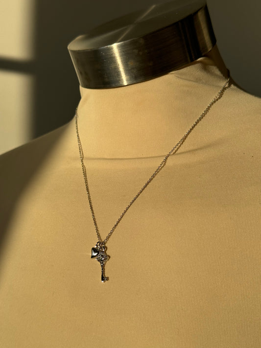 Bell White Gold Dipped Key Charm & Heart Necklace In Silver