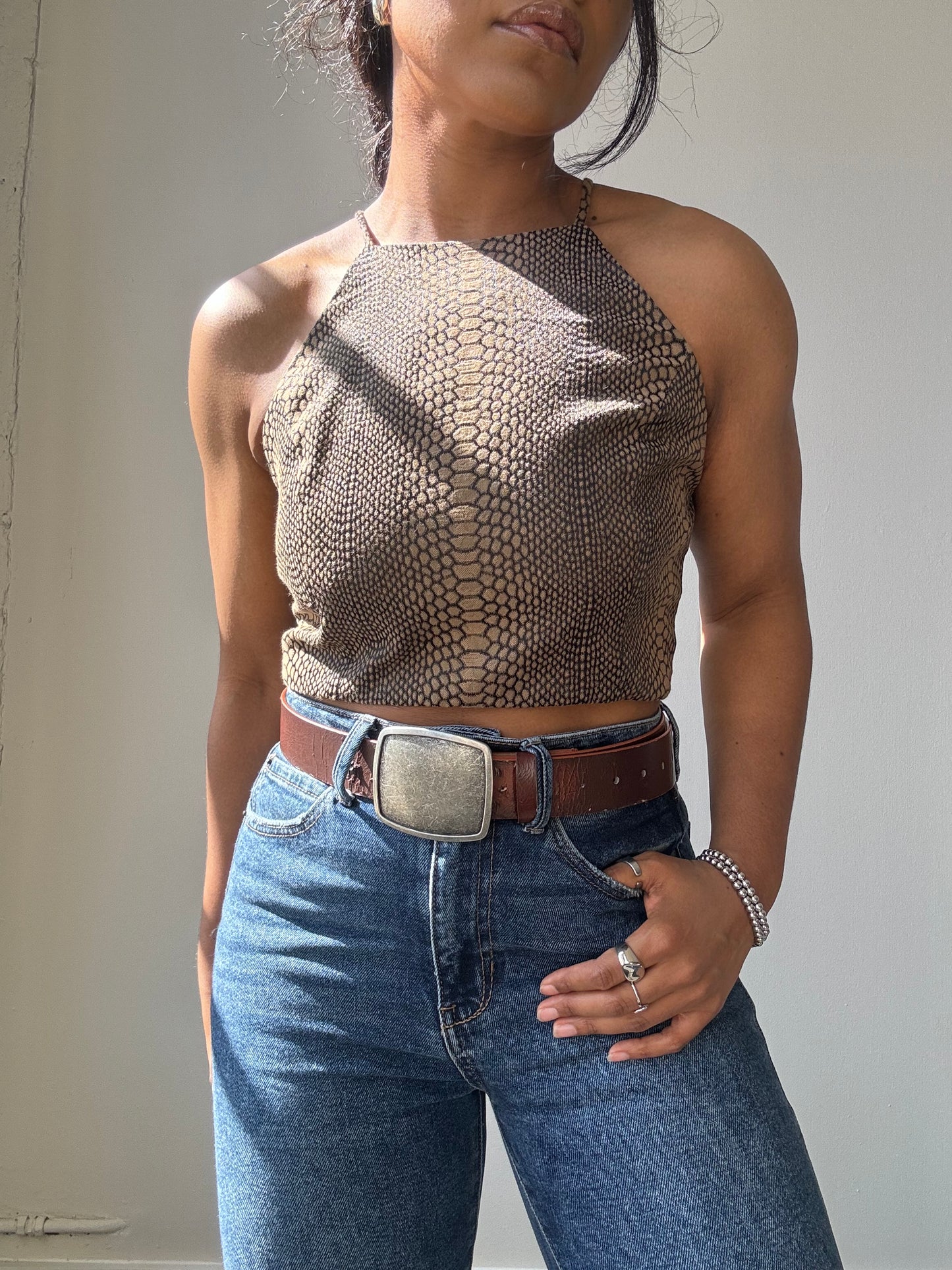 Evan Cotton Cropped Open Back Halter Top In Wild Honey Brown