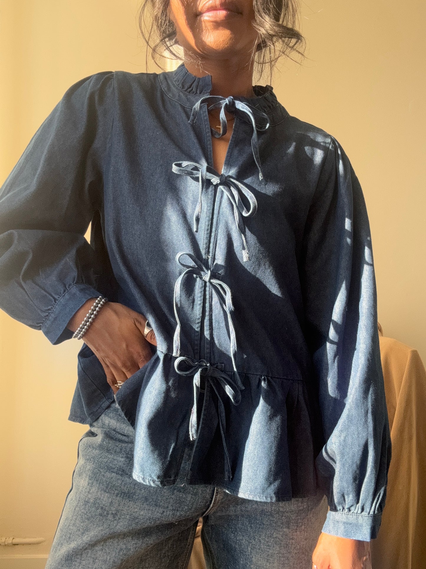 Jezebel Denim Open Front Tie Top In Indigo