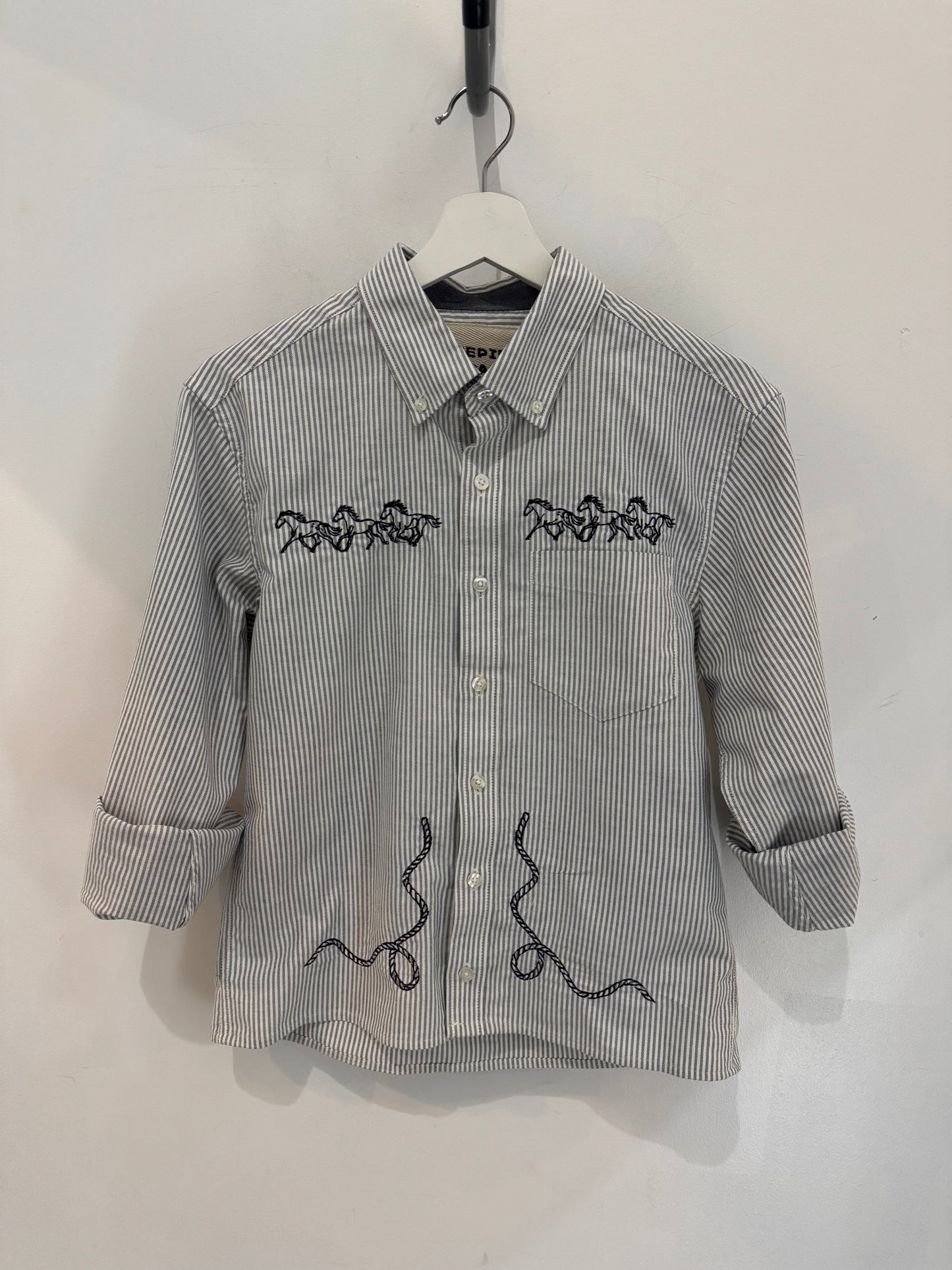 Lawrence Handcrafted Cropped Cotton long sleeve Button Down In Running Horses