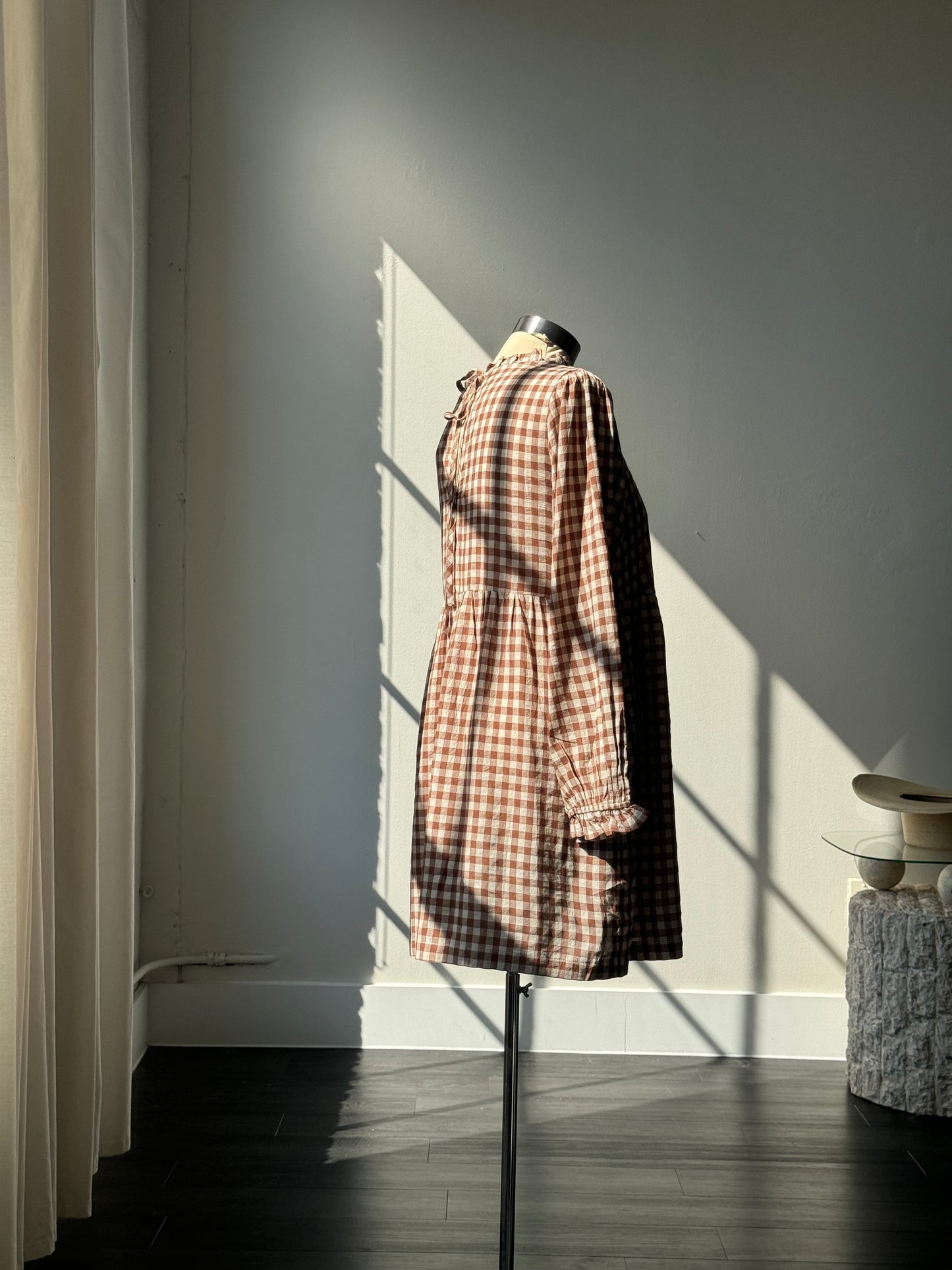 Angie Cotton Mock Neck Gingham Dress In Coffee
