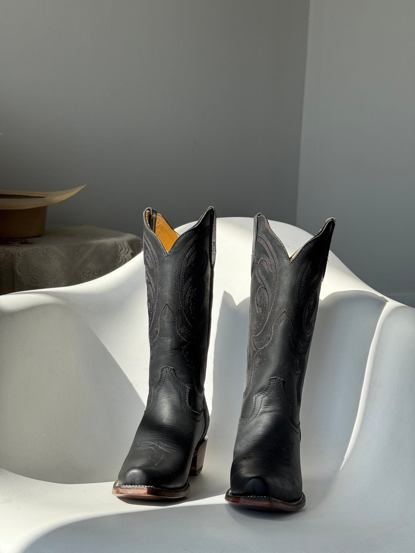 Matte Black Genuine, leather, Cowboy Boots