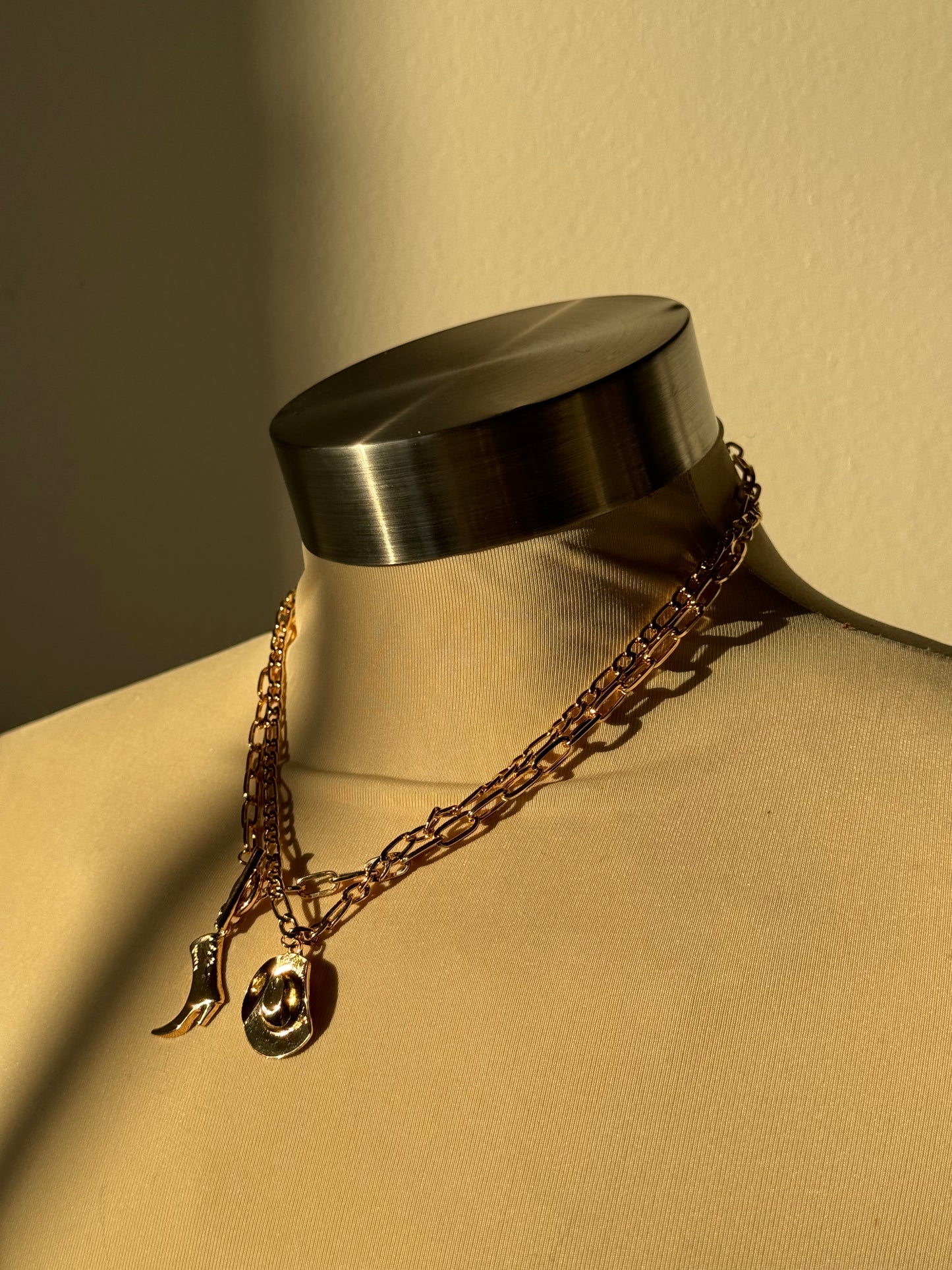 Corky Cowboy Hat Boot & Toggle Double Chain Necklace Set In Gold