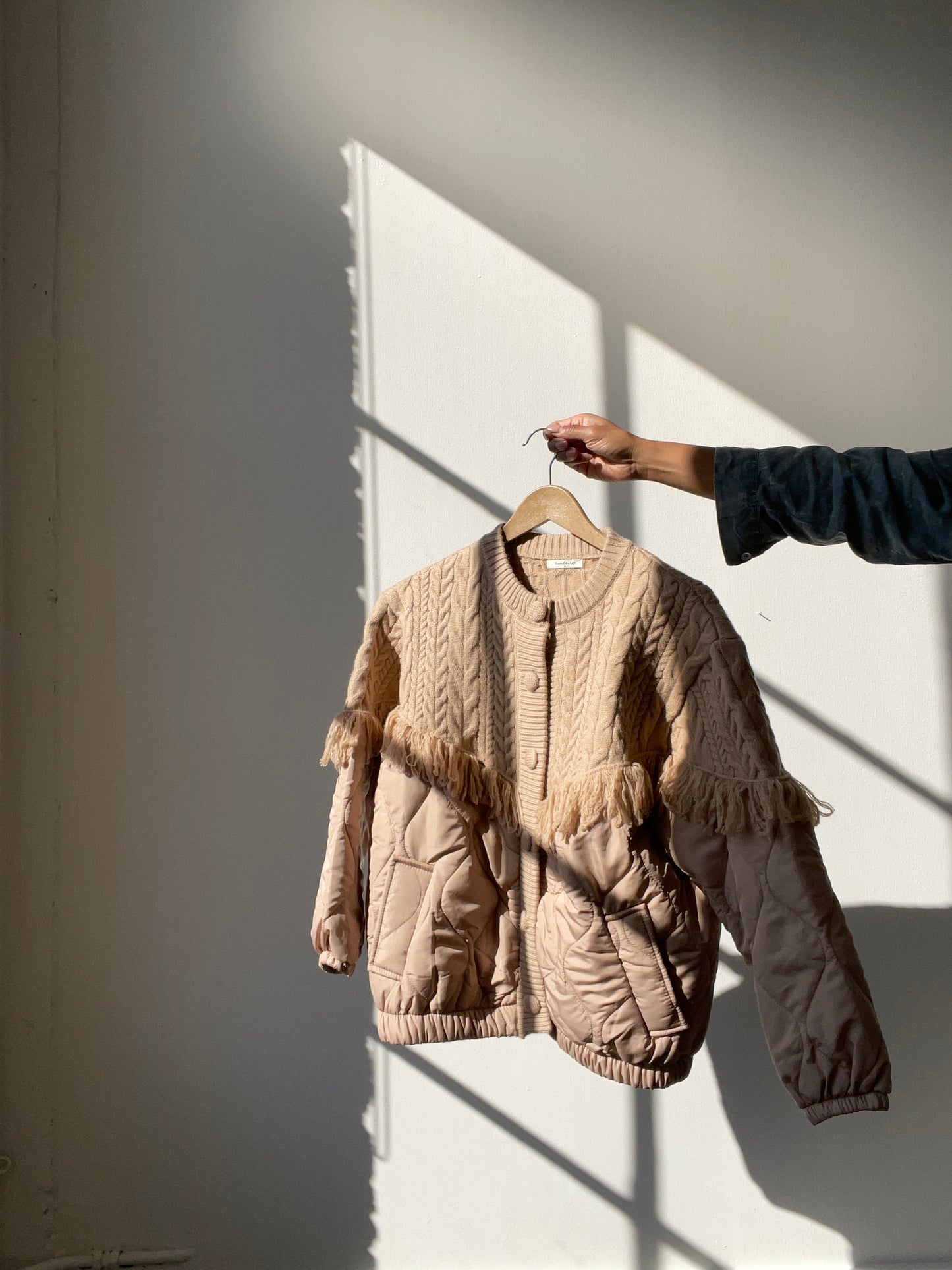Carson Quilted Cableknit & Fringe Jacket In Sand
