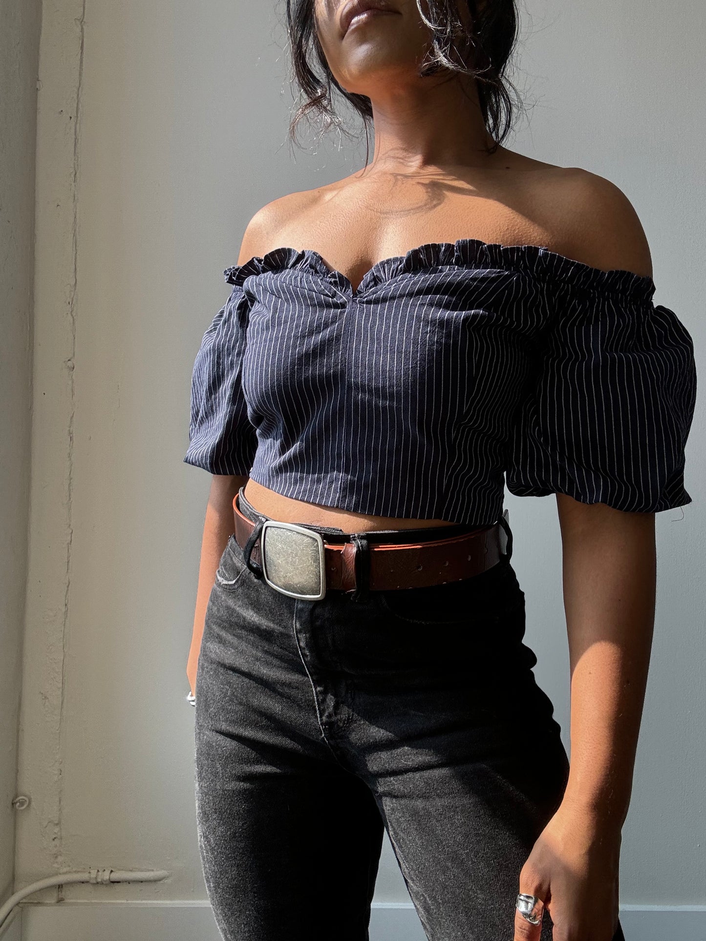 Lori Cold Shoulder Pinstripe Puff Sleeve Crop Top In Navy