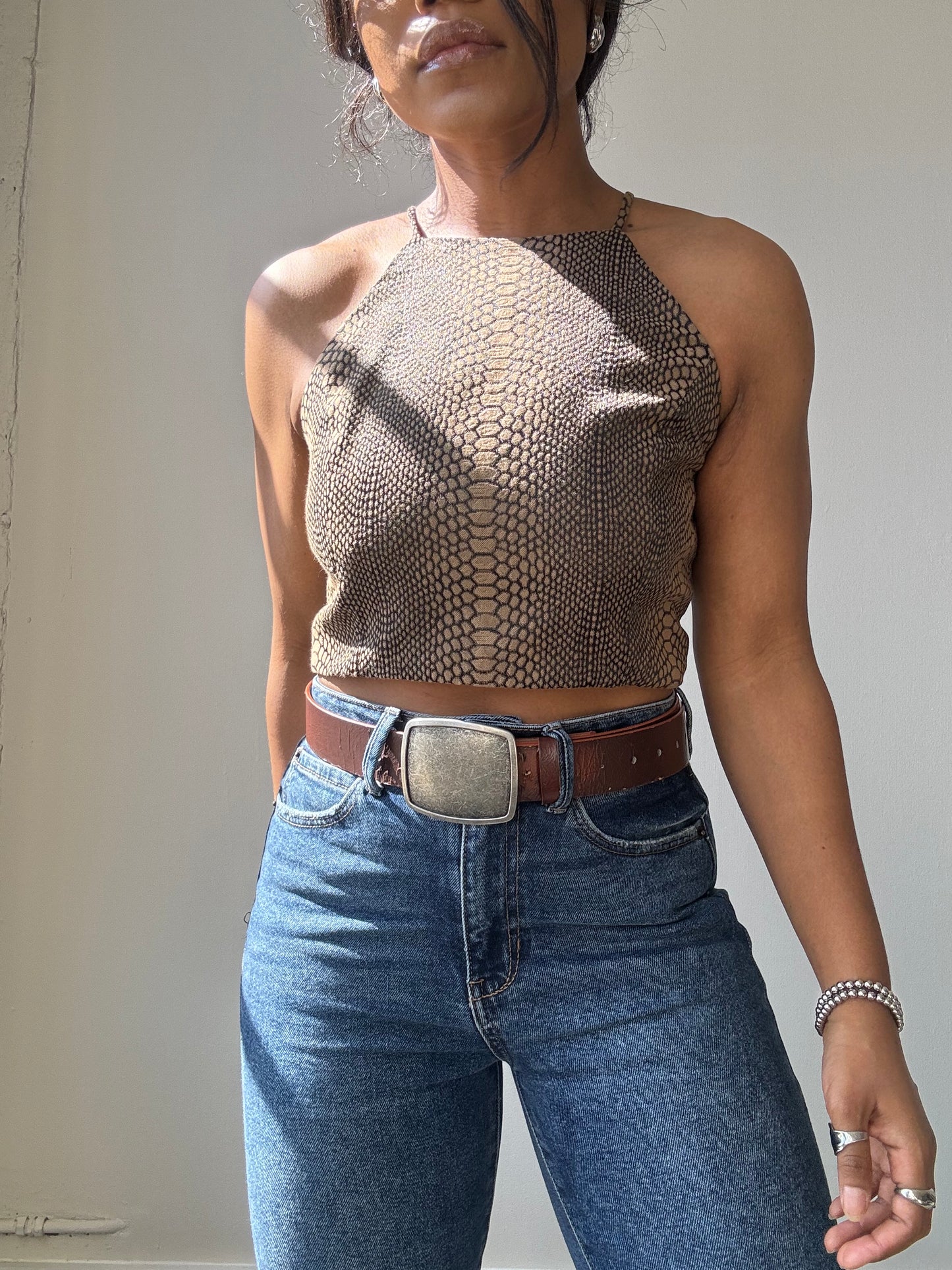 Evan Cotton Cropped Open Back Halter Top In Wild Honey Brown